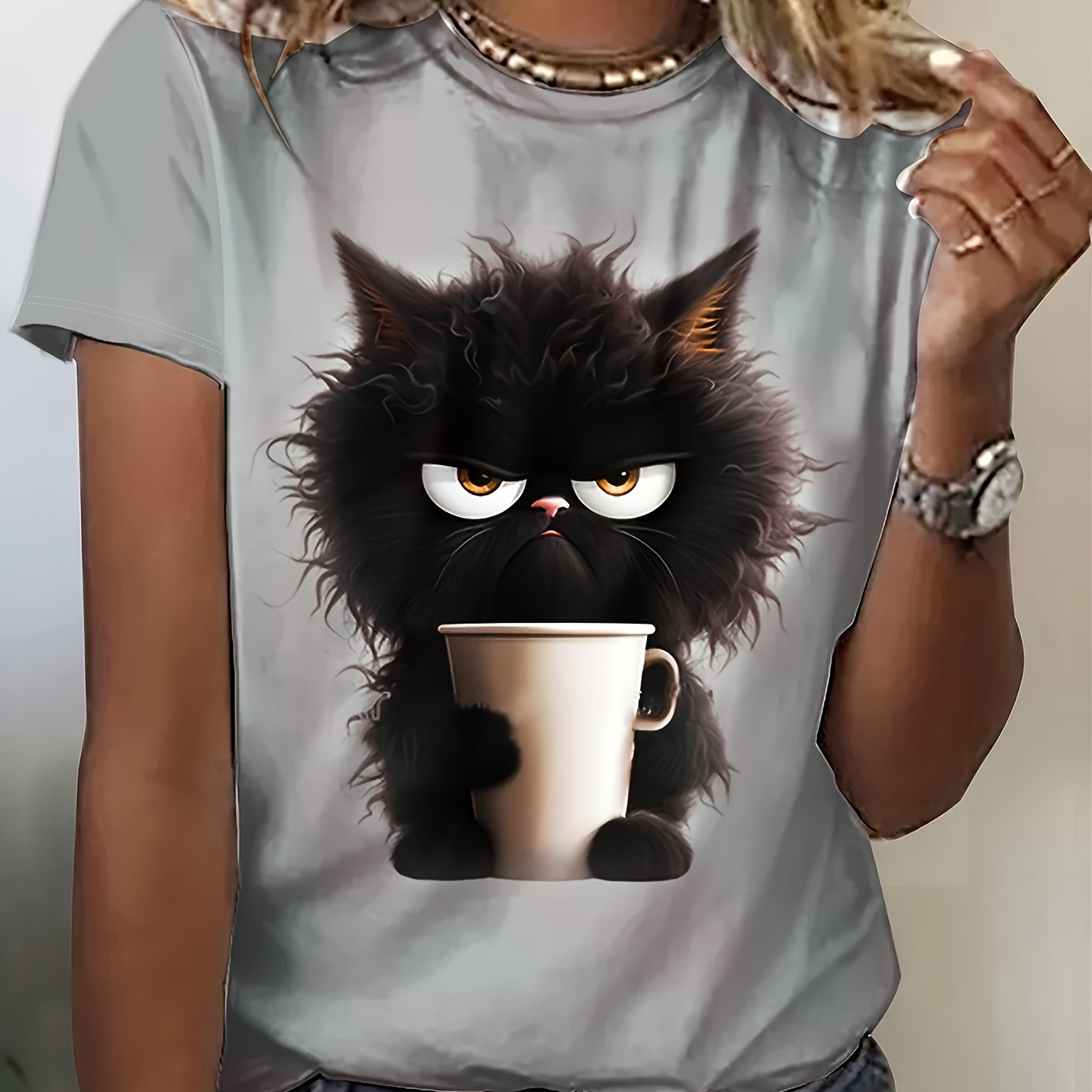 

Cat Print Crew Neck T-shirt, Casual Short Sleeve Top For Spring & Summer, Women's Clothing