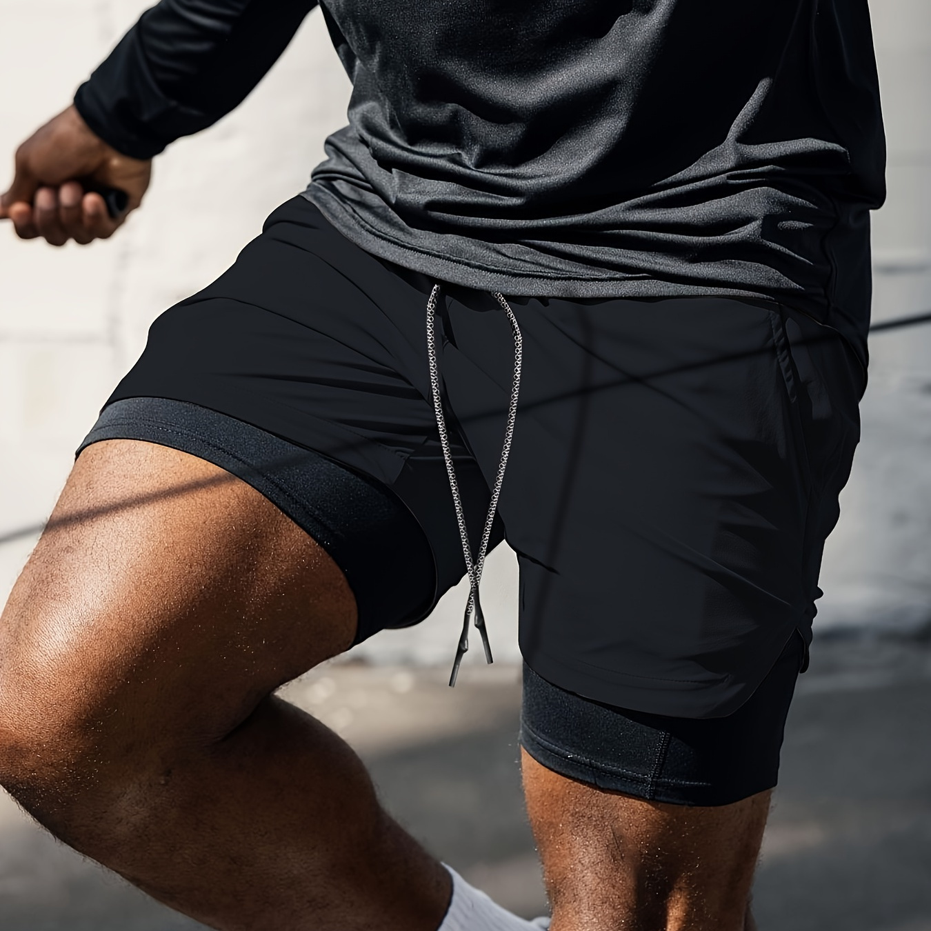 

Men's Solid Double-layer Fitness Shorts With Drawstring And Pockets, Stretchable And Quick Dry Shorts For Summer Gym And Outdoors Training Wear