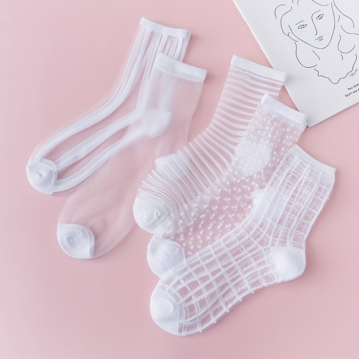 

5 Pairs Sheer Mesh Socks, Lightweight & Breathable Jacquard Transparent Socks, Women's Stockings & Hosiery