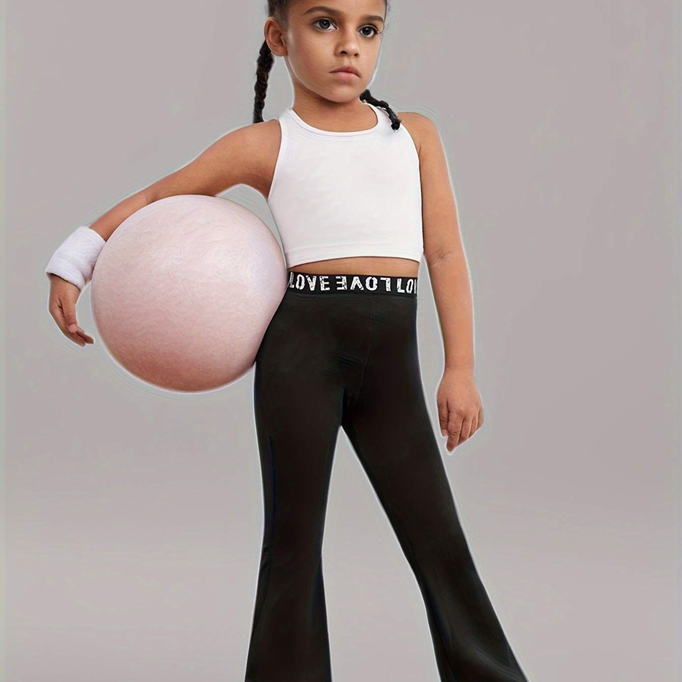 

Girls Knitted Solid Color Letter-decorated Slim-fit Bell-bottom Pants, Suitable For All , Suitable For Children Over 3 Years Old