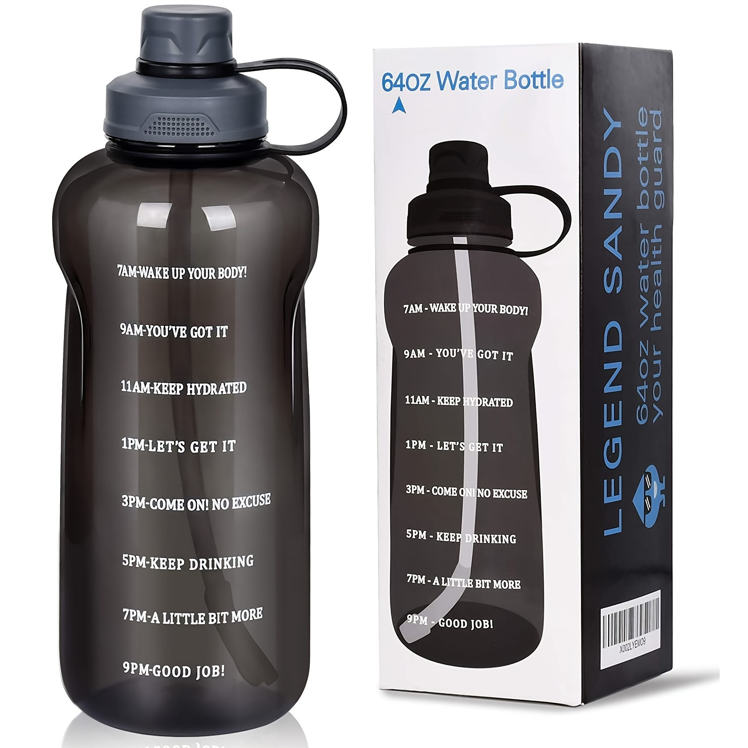BLUEGO 64 oz Glass Water Bottles with Straw Time Marker Half