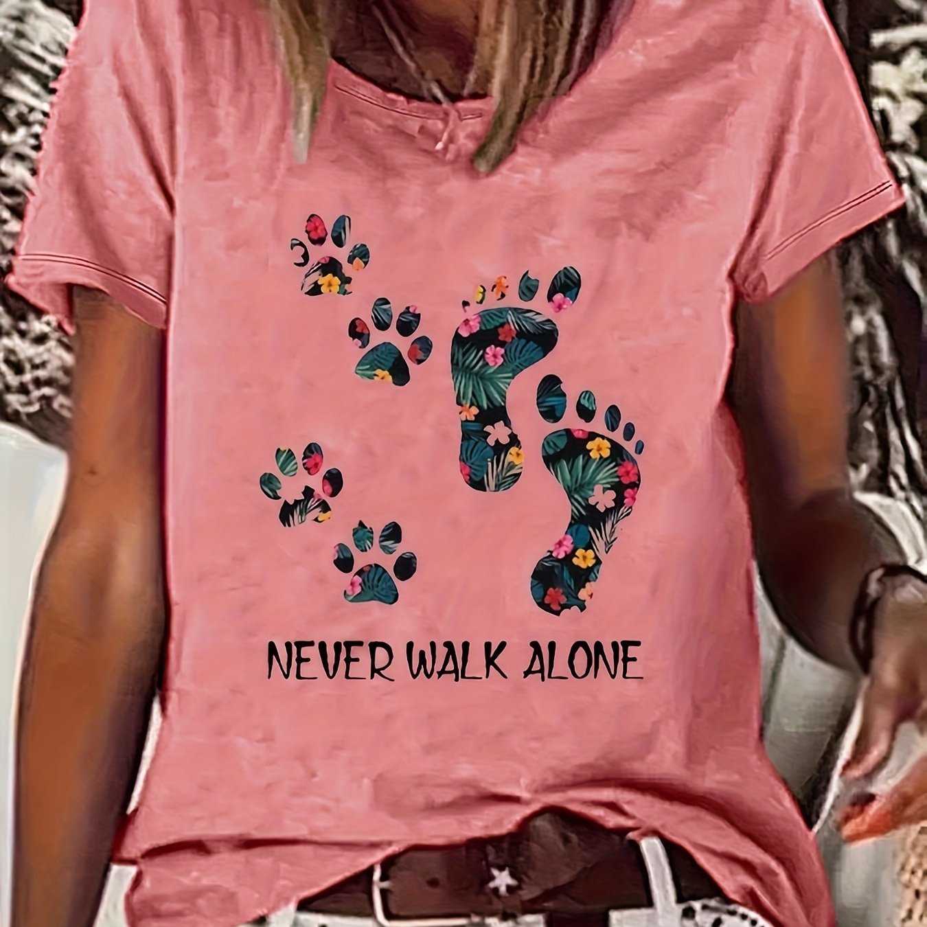 

Footprint & Paw Print T-shirt, Casual Short Sleeve Crew Neck Top For Spring & Summer, Women's Clothing