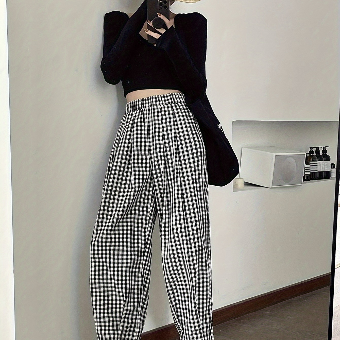 

Plaid Print Elastic Waist Pants, Casual Loose Cropped Pants For Spring & Summer, Women's Clothing