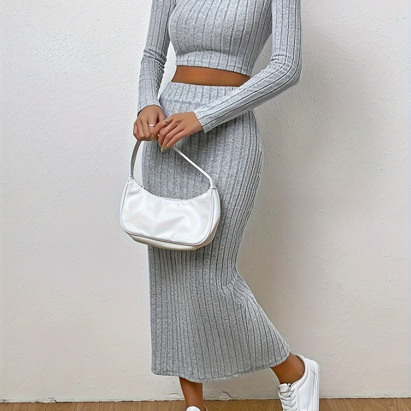 

Ribbed Solid Two-piece Set, Crew Neck Long Sleeve Crop Top & Split High Waist Skirt Outfits, Women's Clothing