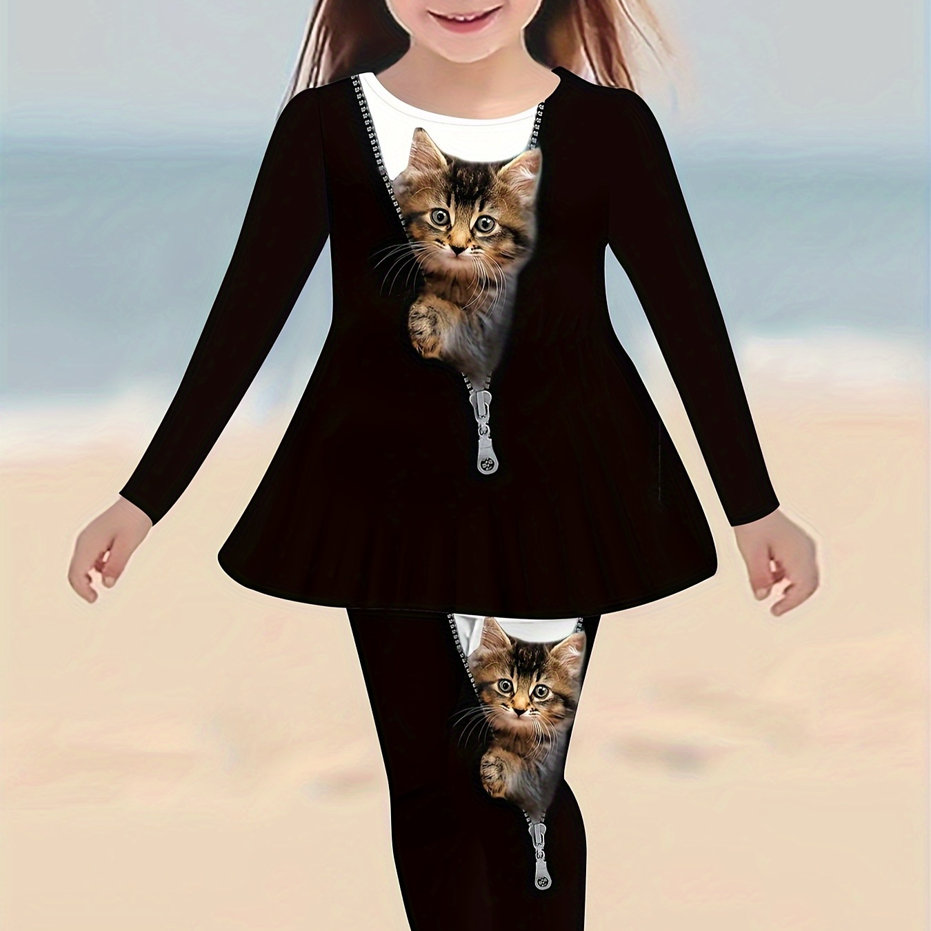 

Adorable Cat Long & Pants Set - Washable, All- , For