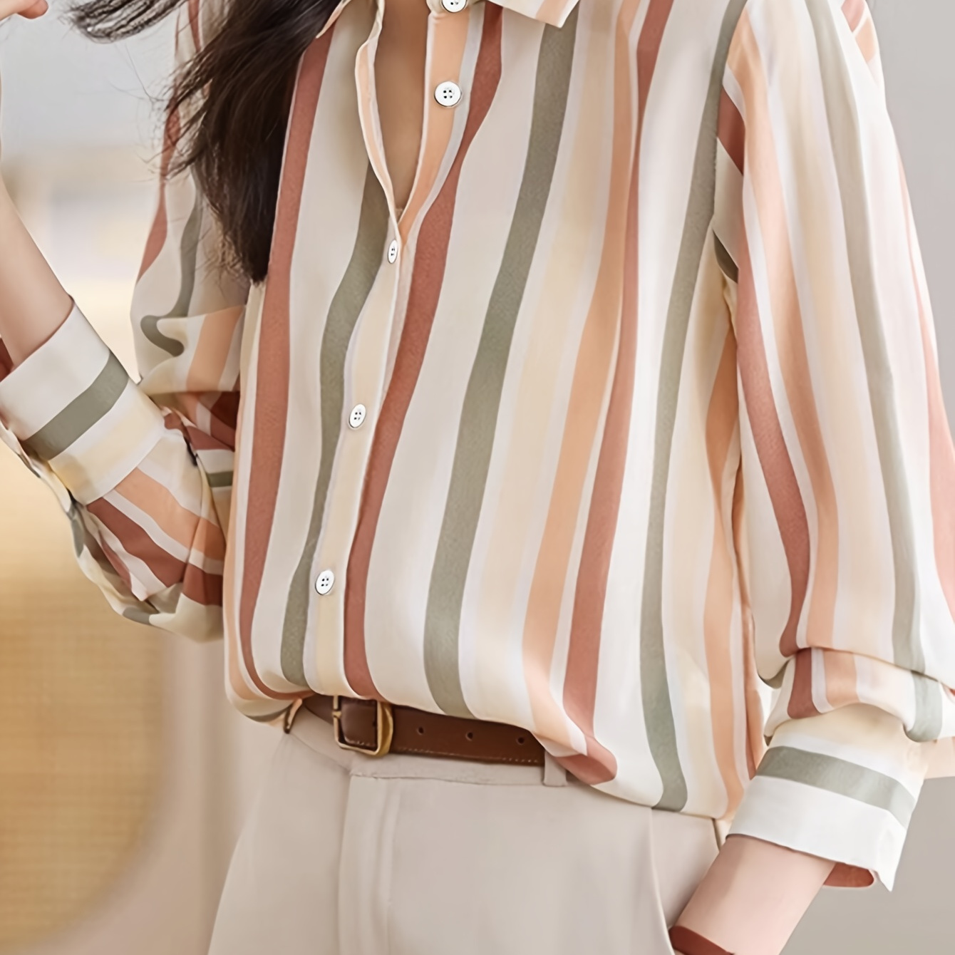 

Elegant Polyester Polo Shirt With Button Closure, Long Sleeve, Striped Pattern, Random Print, Suitable For Adults, Soft And Breathable
