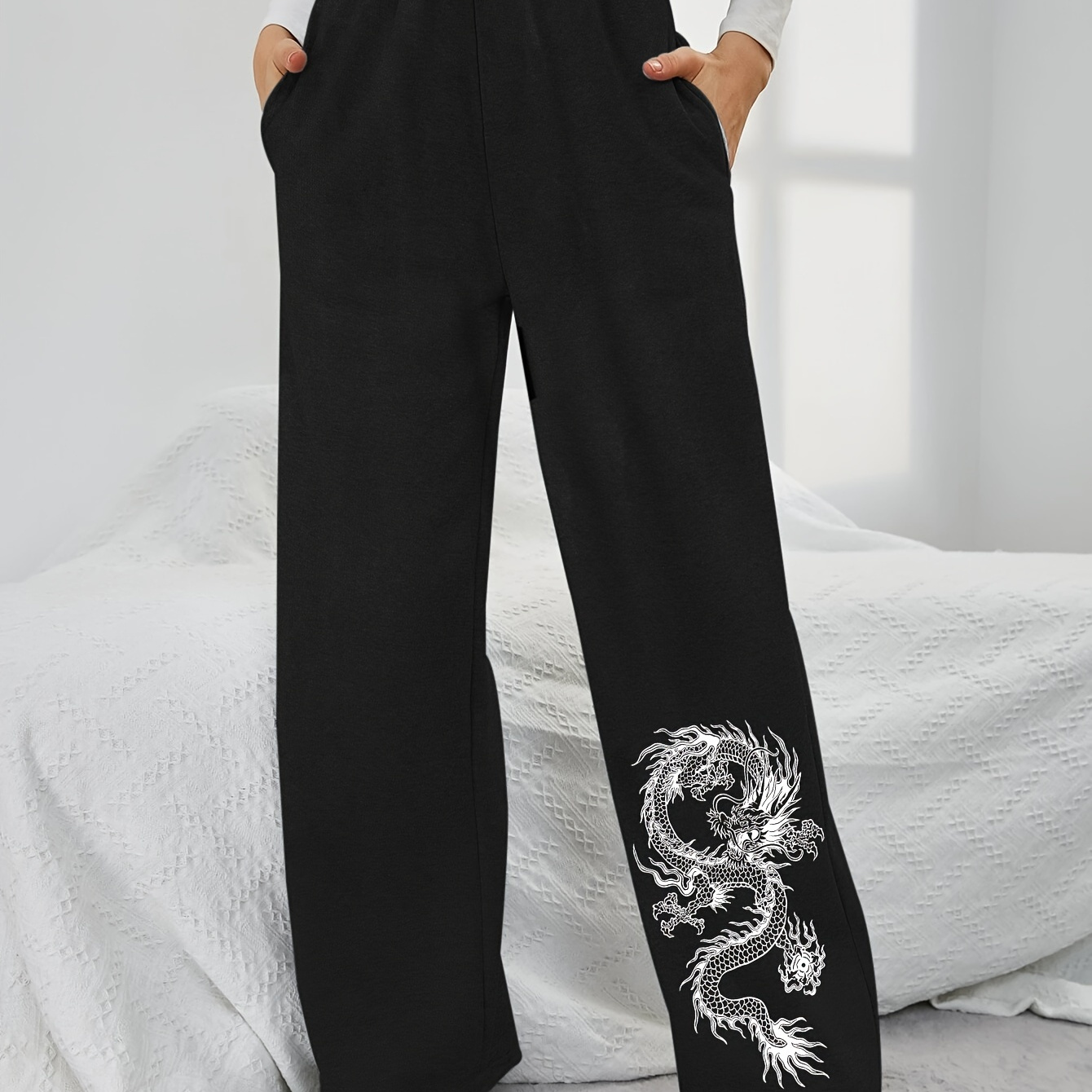 

Girls Autumn/winter Dragon Print Loose Fit Casual Knit Pants, Polyester, Machine Washable