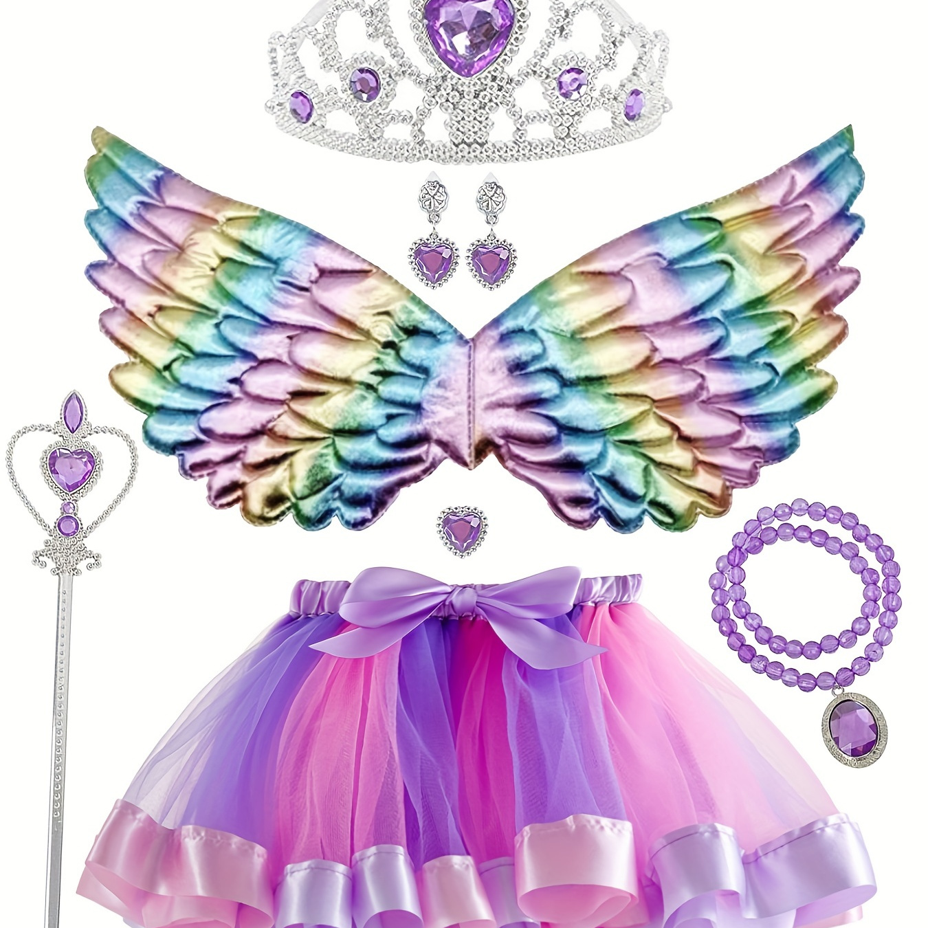 

7-piece Girls' Halloween Dress Up Costume Bow Knot Tutu Skirt + Rainbow Wings + Crown Earrings Necklace Wand Accessories Set Mardi Gras