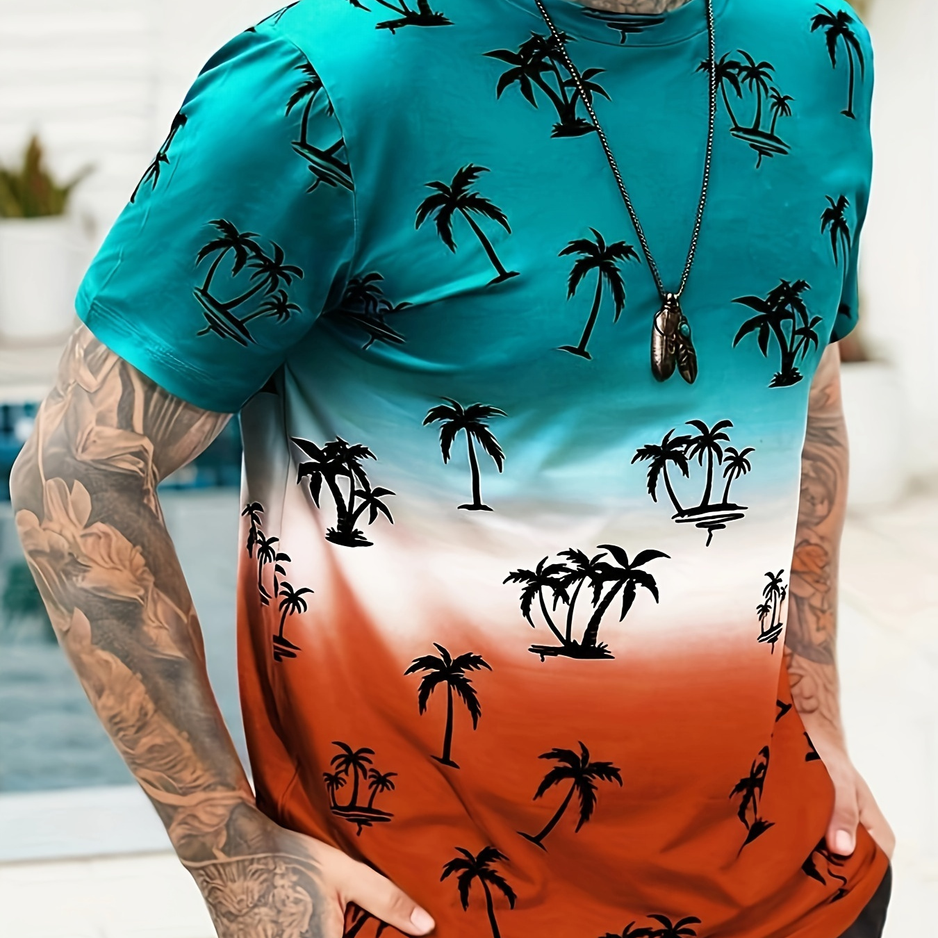 

Coconut Palm Print T-shirt, Men's Casual Street Style Stretch Round Neck Tee Shirt For Summer