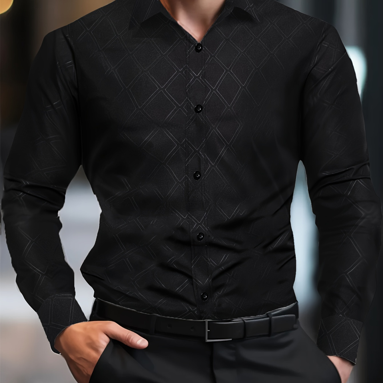 

Men's Fashion Dress Shirt, Stylish Long Sleeve Button-up Elegant Diamond Pattern Lapel Shirt, Formal/casual Wear