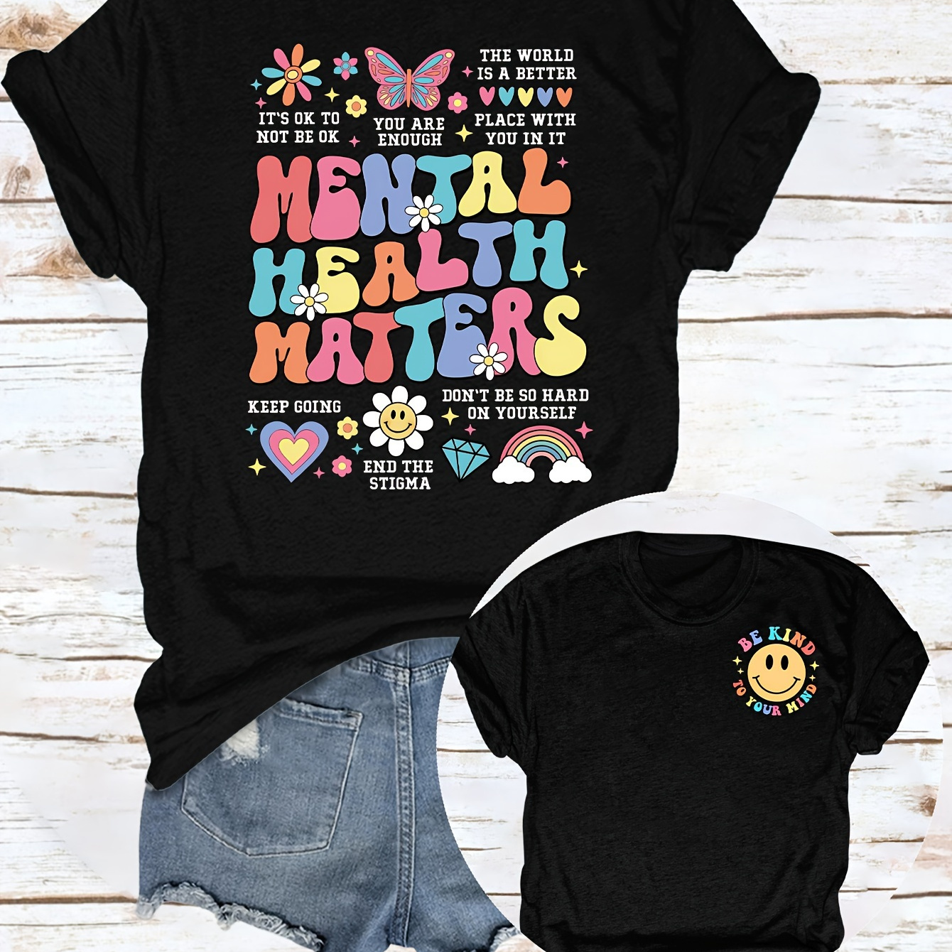 

Mental Health Matters Keep Going Print T-shirt, Casual Crew Neck Short Sleeve Top For Spring & Summer, Women's Clothing