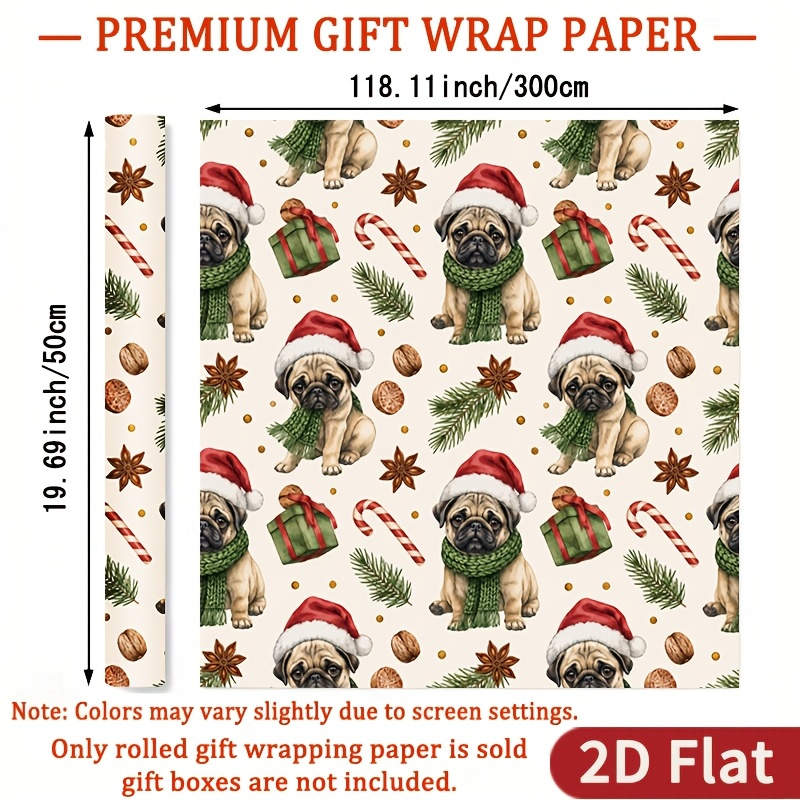 TEMU 1 Rouleau de Plat 2D Noël Chien Bouledogue - Fond Blanc Crème, Chien Bouledogue avec Chapeau de Père Noël et Écharpe Verte avec Branches de Pin
