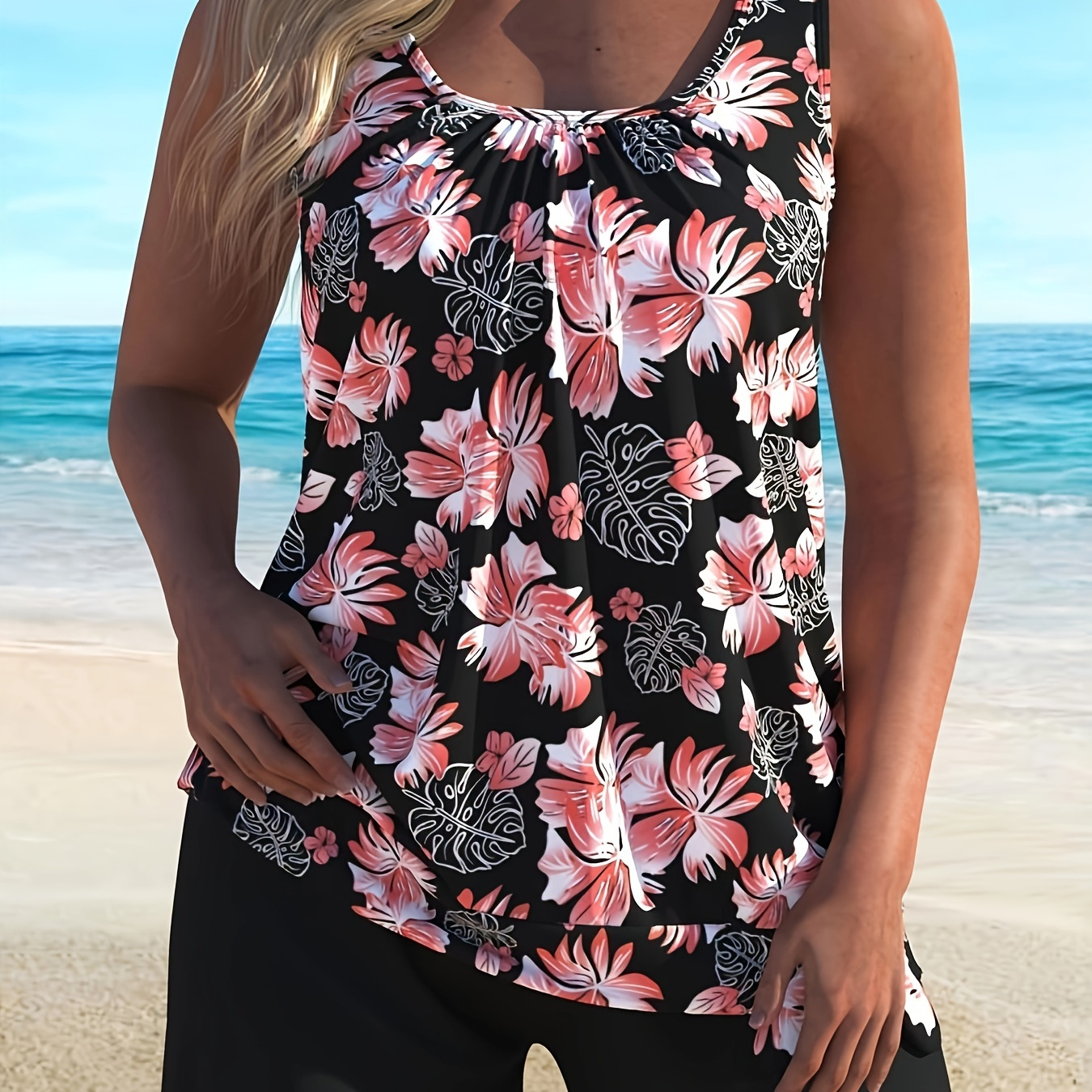 

Floral Print Women's Tankini Set, Boxer Short Bottom Plus Size Top & Panty Swimsuit 2 Piece Set