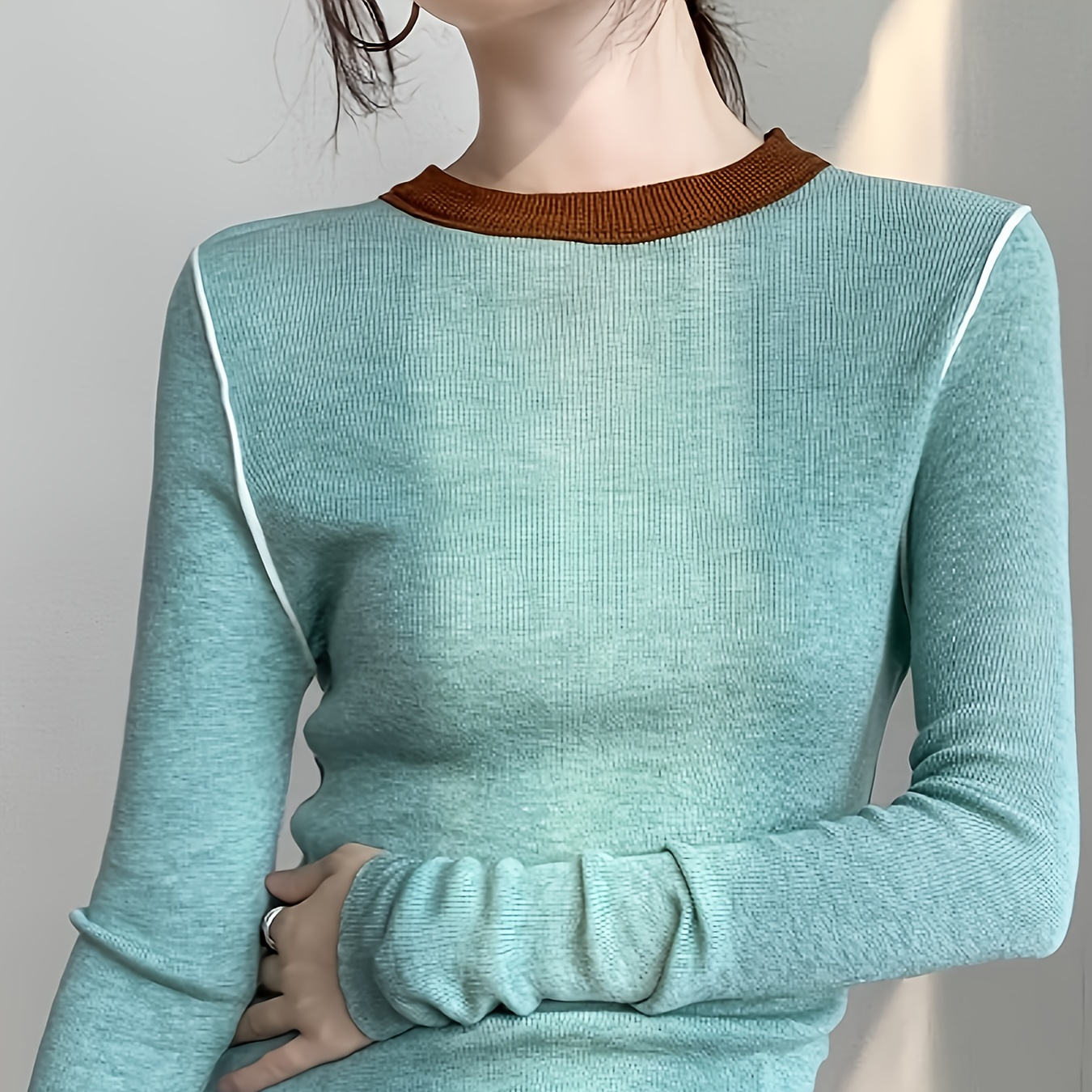 

Chic Green Knit Sweater For Women - Slimming, Stretchy Acrylic Pullover With Crew Neck, Fall & Winter