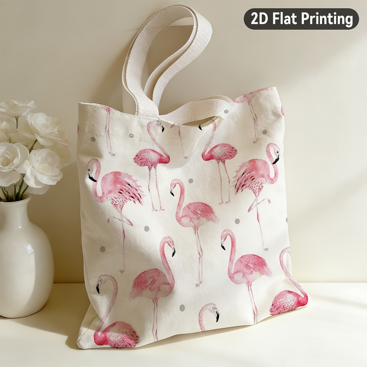 TEMU 2d Flat 1pc Watercolor Pink Flamingos Durable Tote Bag, Duplex Prints Flamingo Pattern, Ideal For Grocery Shopping, Beach Trips, Casual , For ,