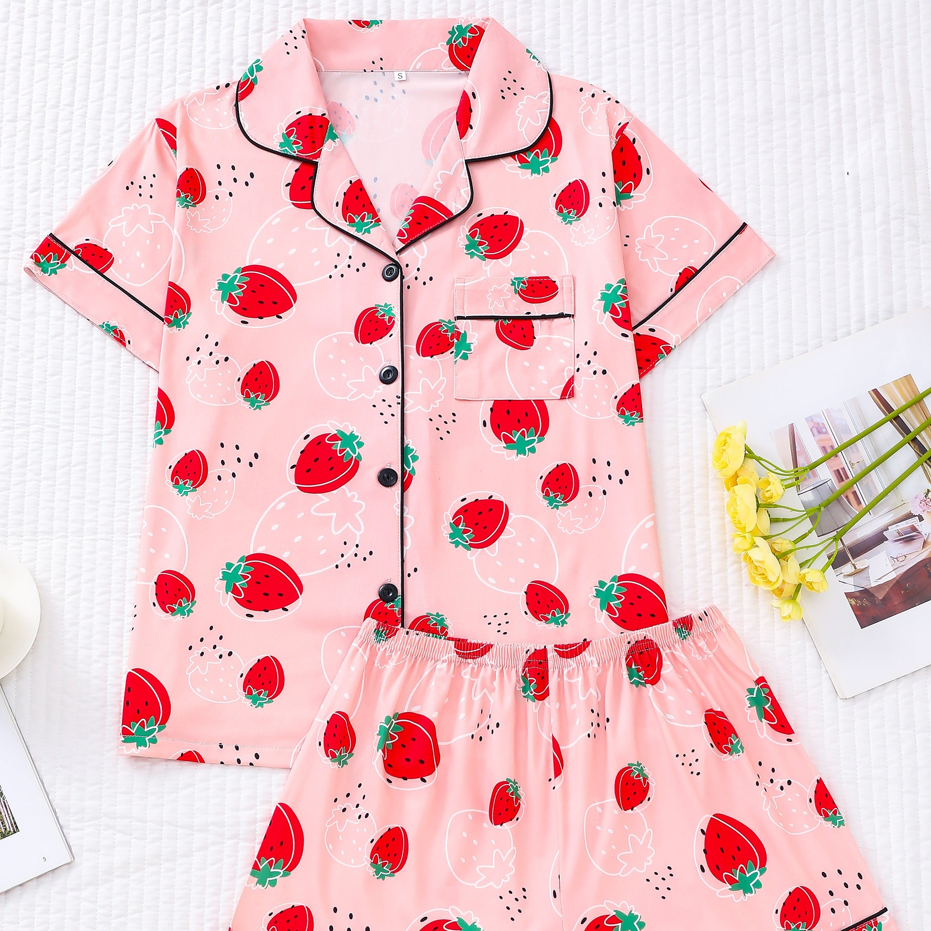 

Strawberry Print Pajama Set, Cute Short Sleeve Button Up Lapel Collar Top & Shorts, Women's Sleepwear