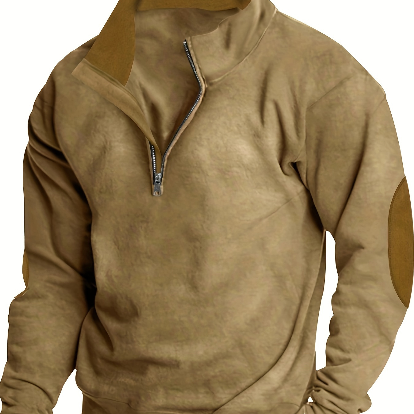 

Men's Suede Patching Stand Collar Sweatshirt, Casual Trendy Long Sleeve Half-zip Pullover As Gift