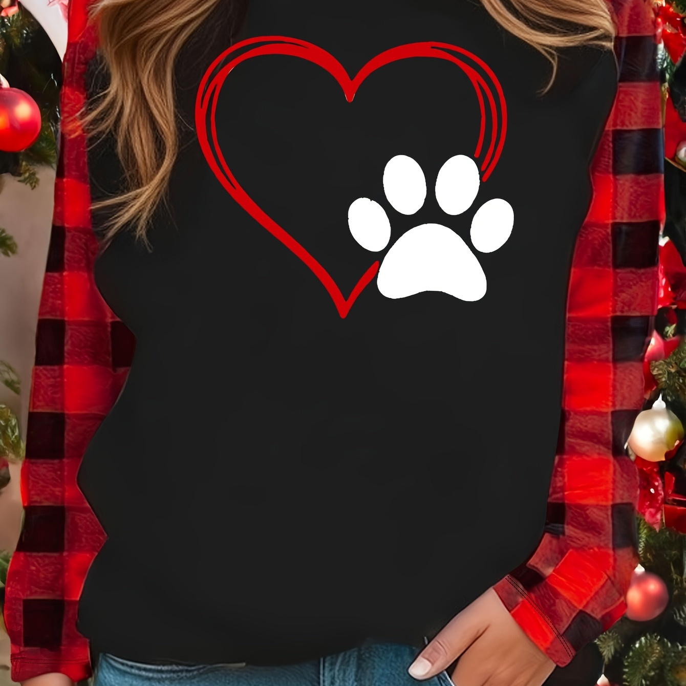 

Valentine's Day Heart & Paw Print Lounge Tops, Raglan Sleeve Crew Neck Top, Women's Loungewear & Sleepwear