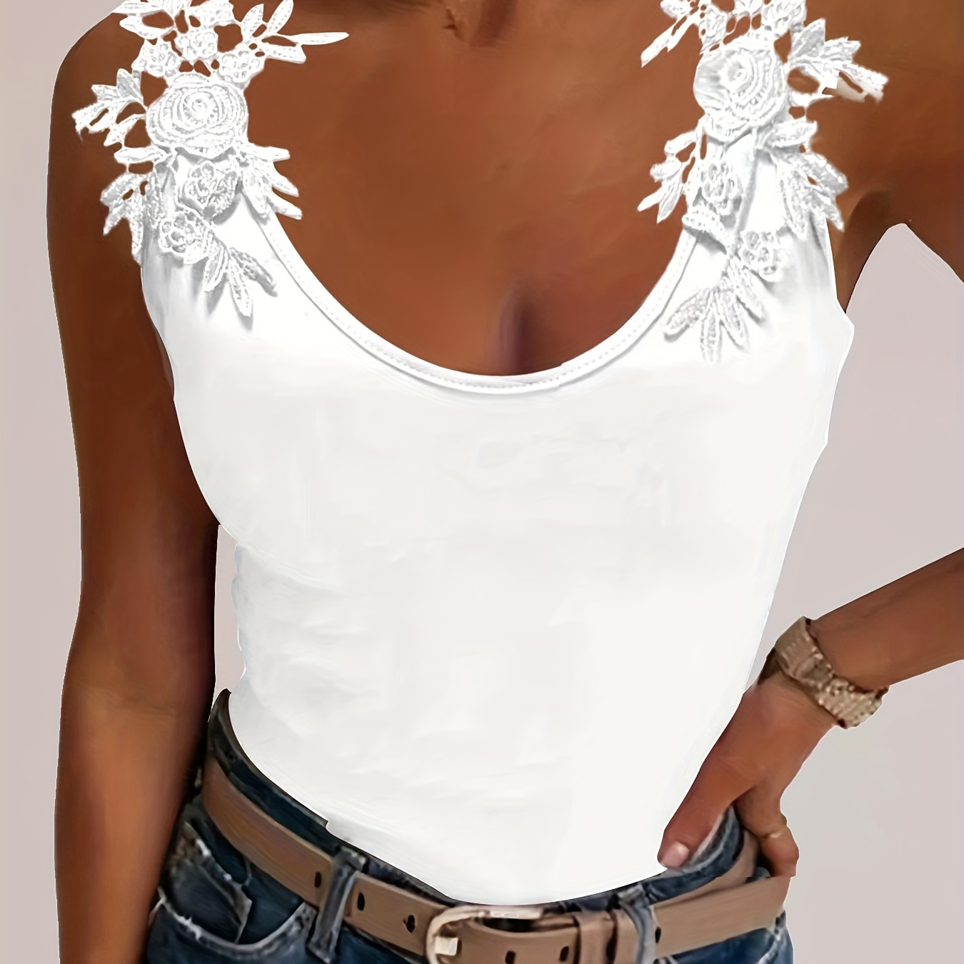 Lace Strap V-neck Tank Top, Casual Sleeveless Tank Top For Summer, Women's Clothing