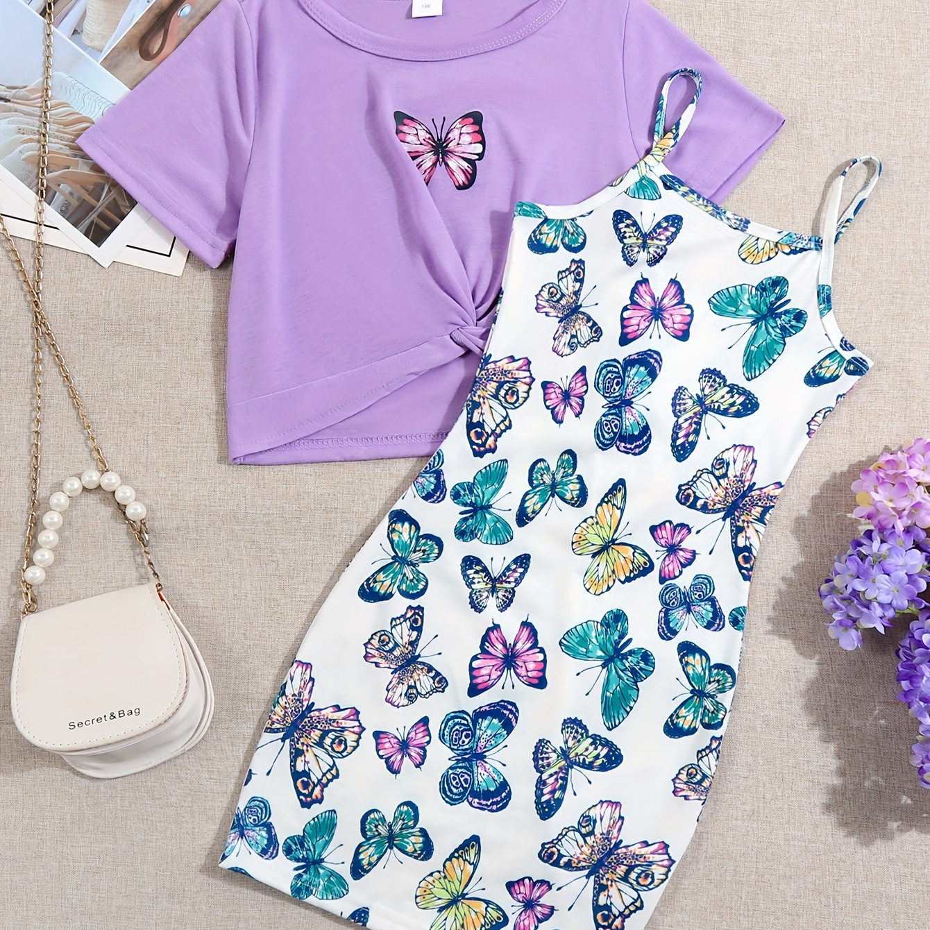 

Sweet Girls 2pcs, Butterfly Graphic Short Sleeve T-shirt Top + Cute Cami Dress Set For Summer Gift Outdoor Party