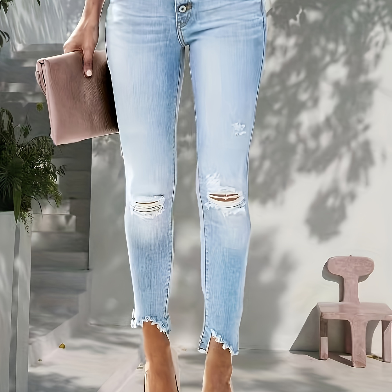 

Women's Sexy Ripped Light Blue Jeans, High-waisted Skinny Fit, Frayed Hem, Stretch Denim Pants With Pockets For Fall