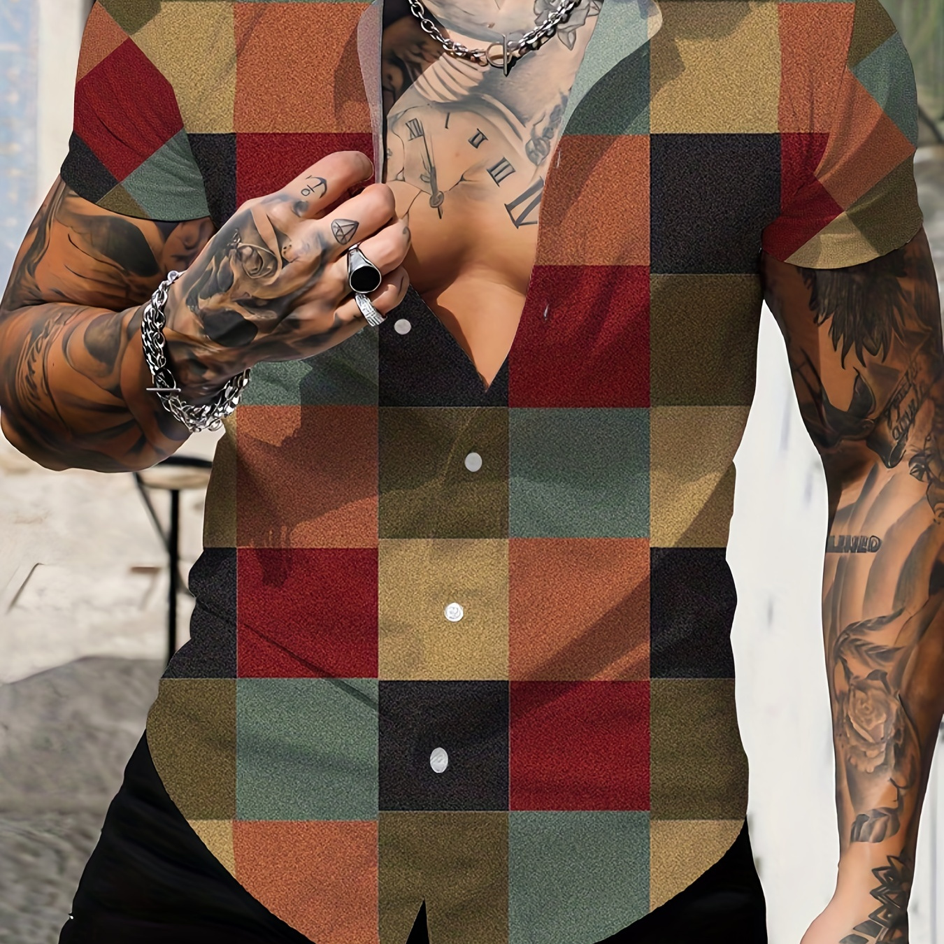 3D Print Men's Color Block Shirts, Fashion Short Sleeve V-neck Button Down Shirts, Men's Summer Clothes, Casual Plaid Tops, Men's Novelty Pajamas Tops