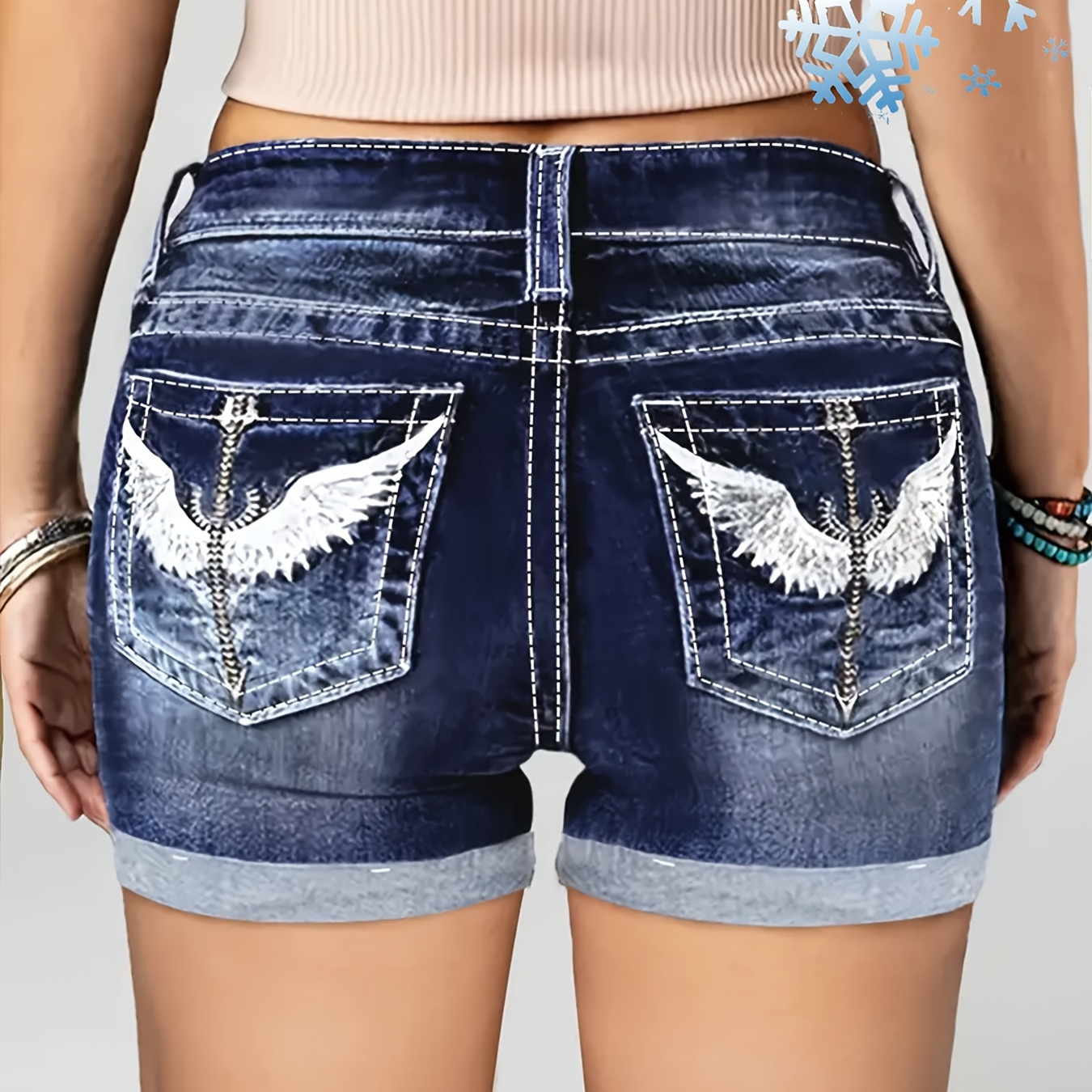 

Women's Plus Size Whiskering Denim Shorts With Wing Embroidery, Rolled Hem, Slim Fit, Retro Style, Stretchy Casual Jean Shorts