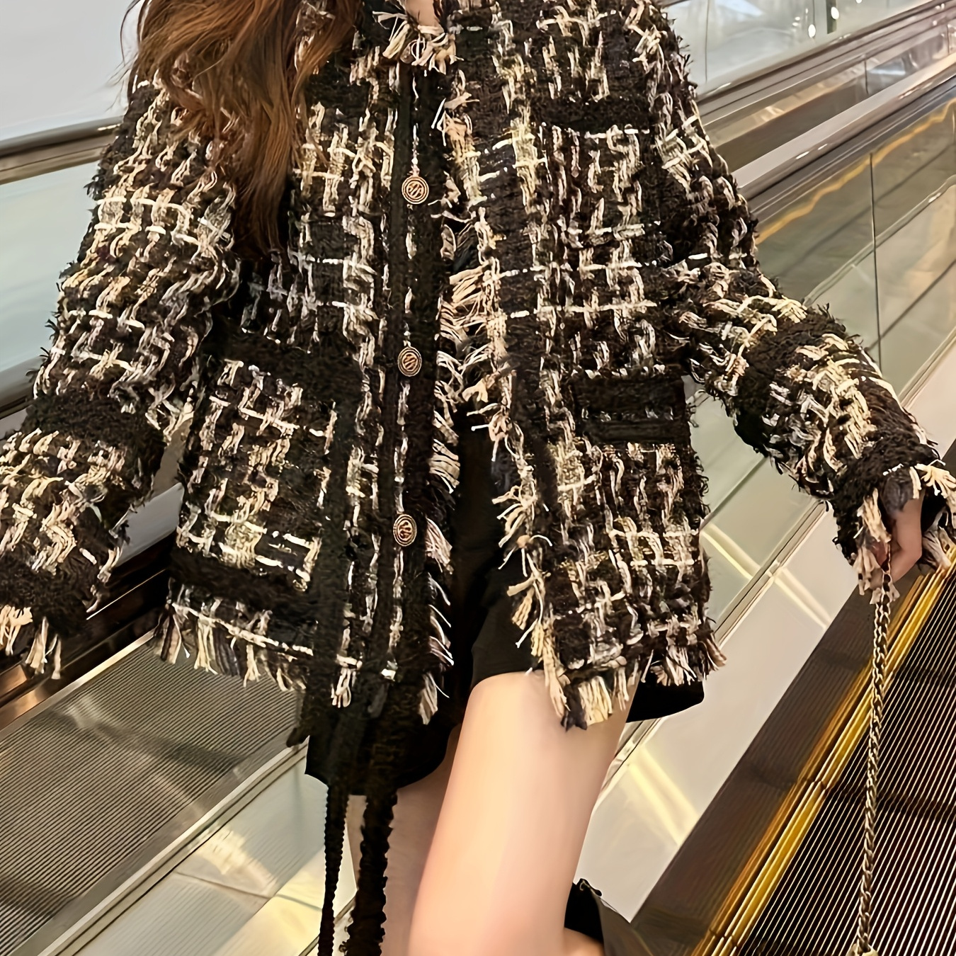 

1pc Women's Casual Tassel Blazer, Polyester Long Sleeve Jacket With Pockets, Regular Fit Weave Coat For Autumn/winter