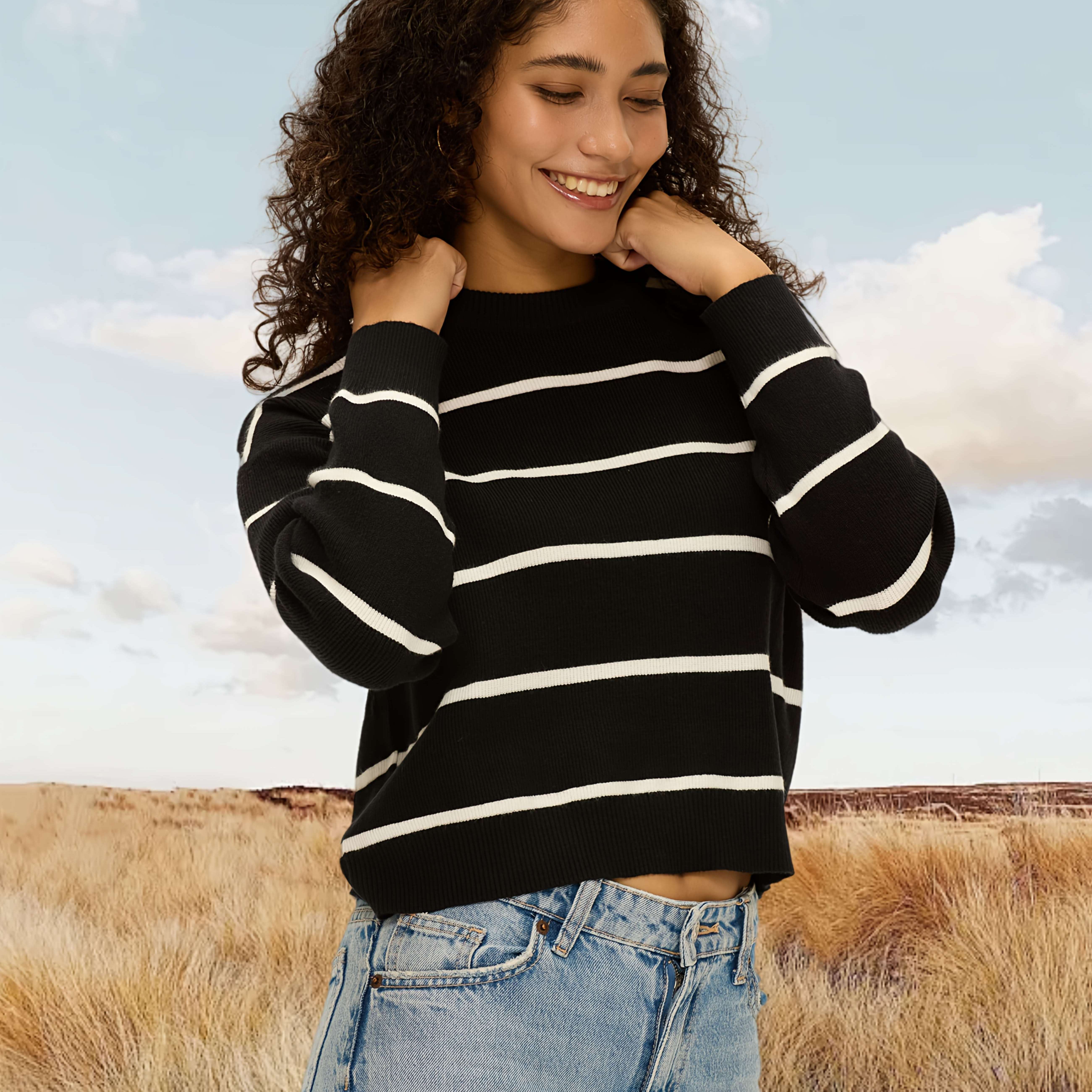 

Sweaters For Women 2024 Fall Casual Batwing Long Sleeve Crewneck Striped Knitted Pullover Sweater Tops