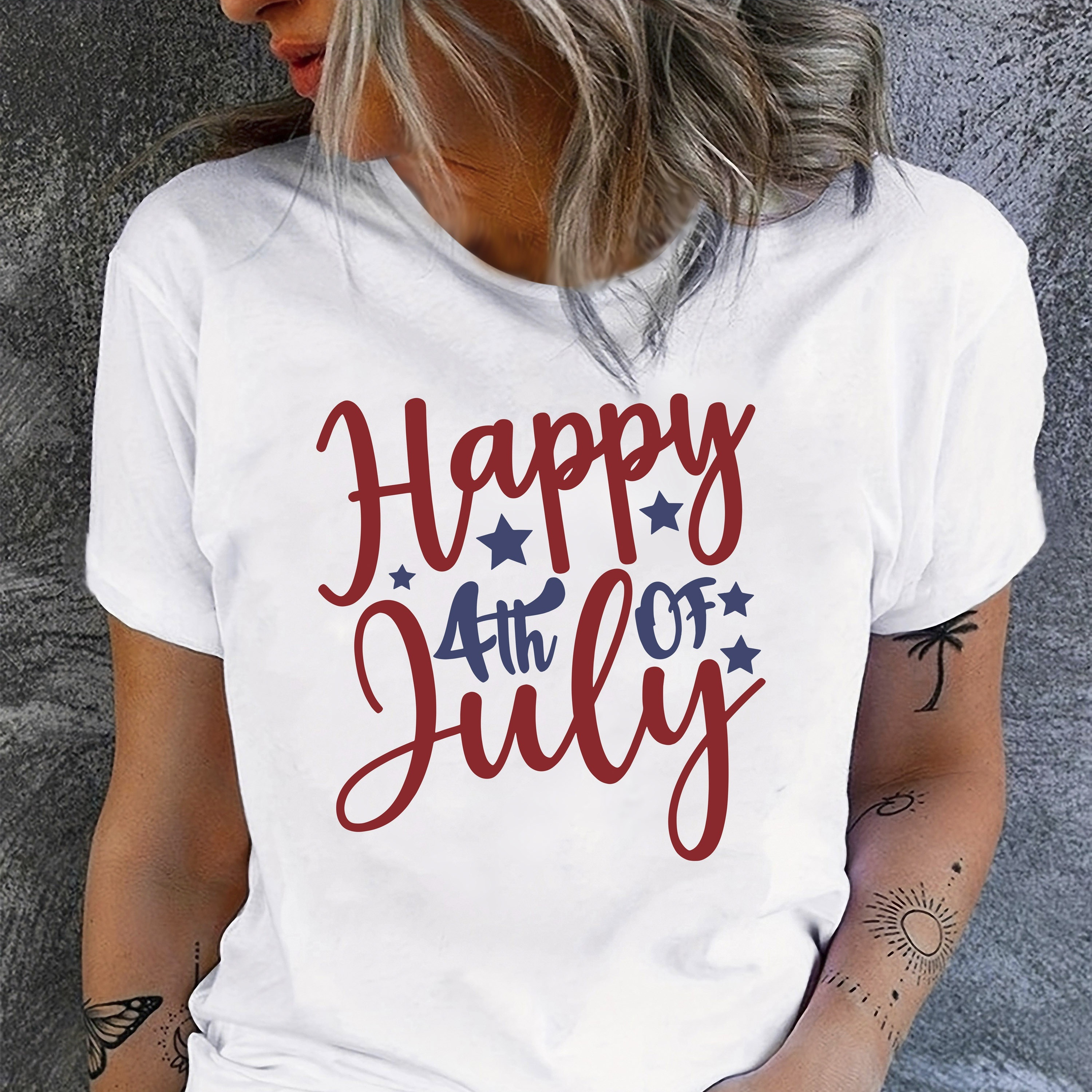 

Happy 4th Of July Print Crew Neck T-shirt, Independence Day Short Sleeve T-shirt For Spring & Summer, Women's Clothing