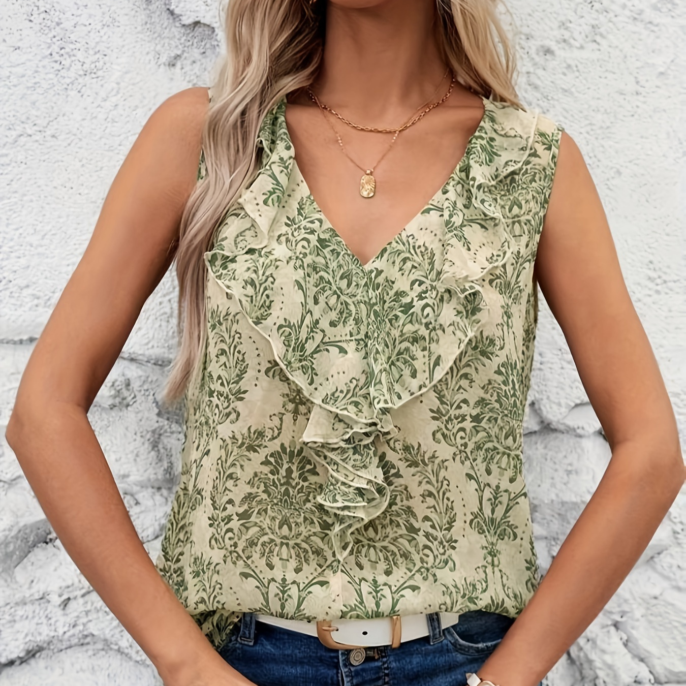 

Mandala Print Ruffle Trim V Neck Blouse, Elegant Sleeveless Blouse For Spring & Summer, Women's Clothing