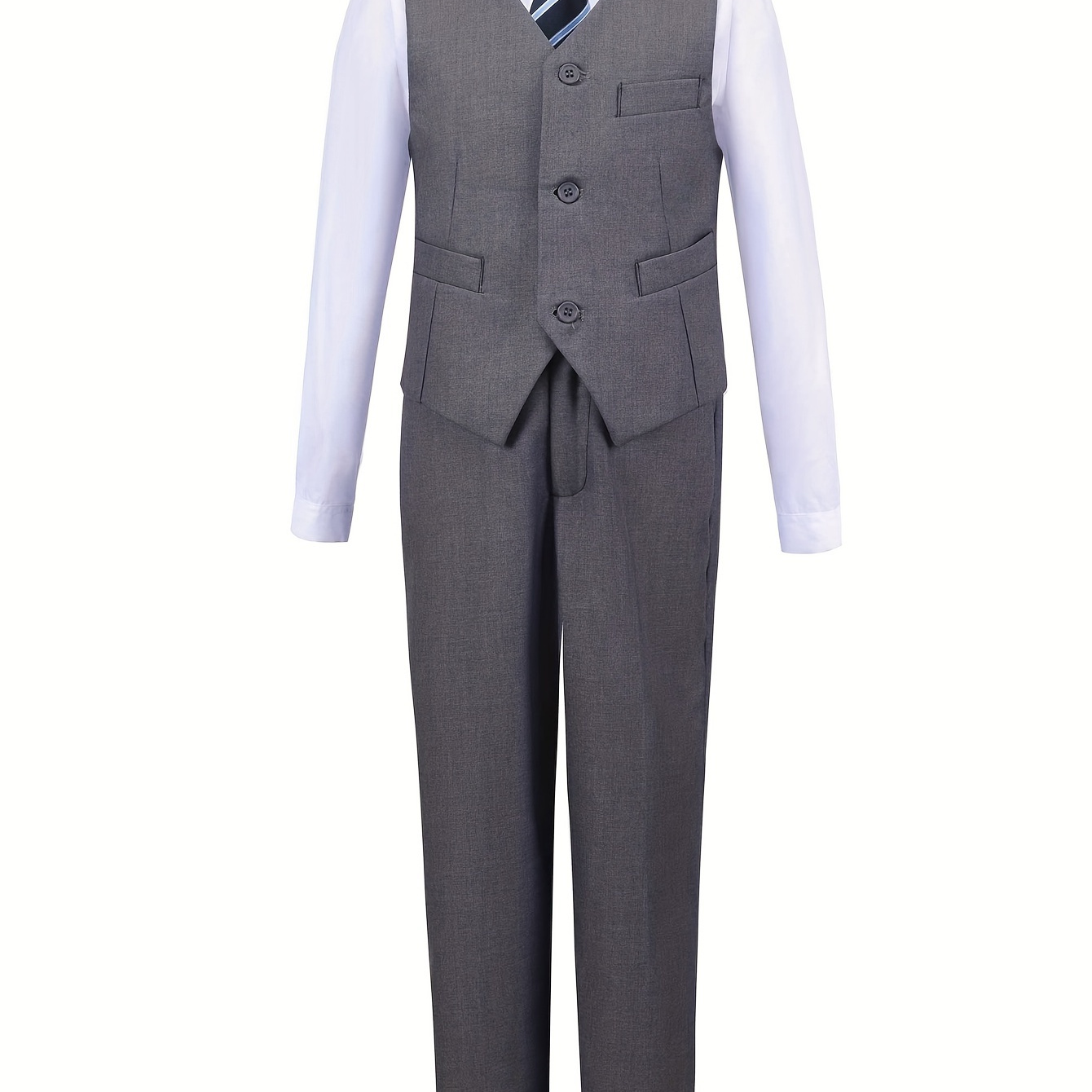 

Boys Gray Vest 4 Piece Suit Vest Shirt Pants Navy Blue Striped Tie