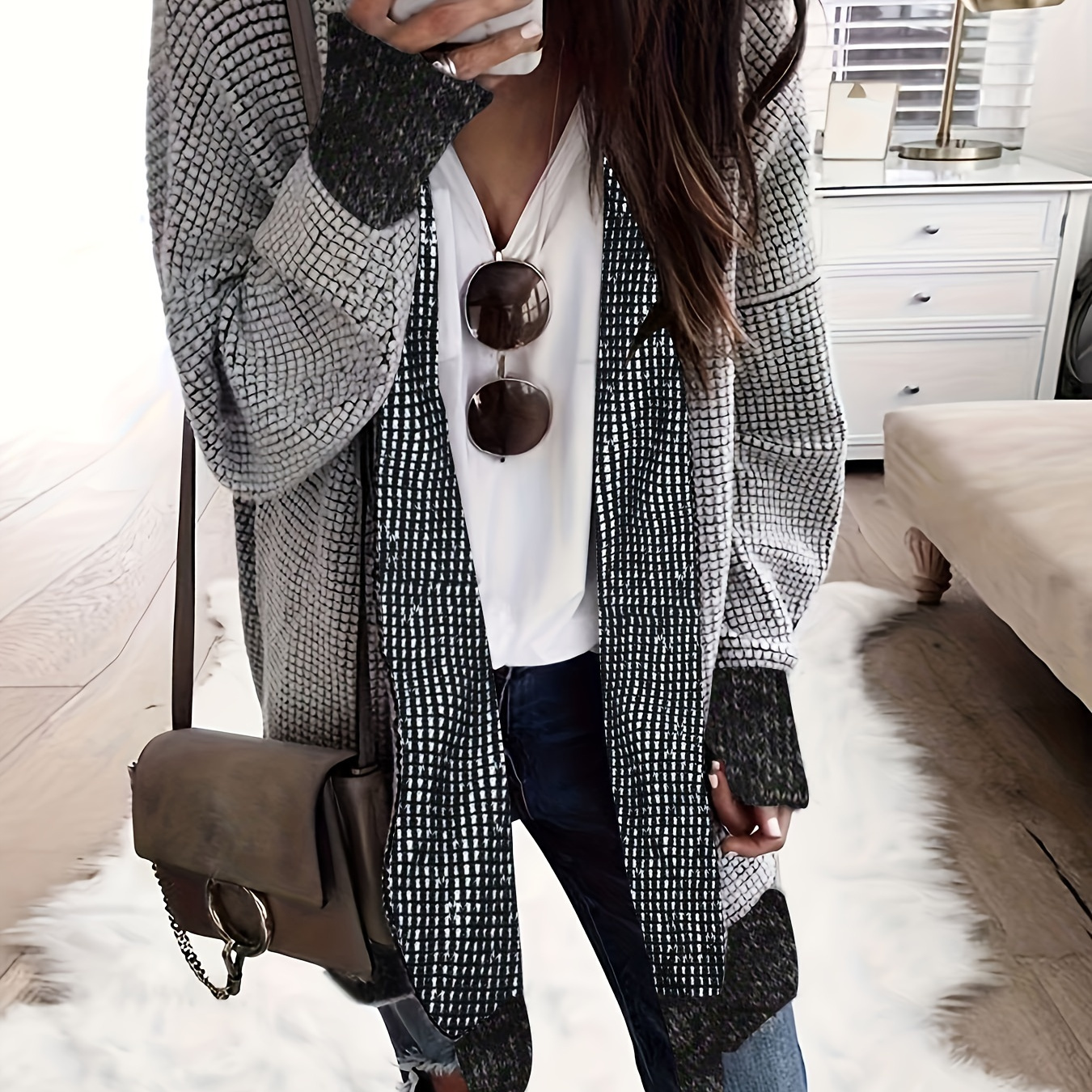 

Two-tone Open Front Knit Cardigan, Casual Long Sleeve Oversized Sweater, Women's Clothing