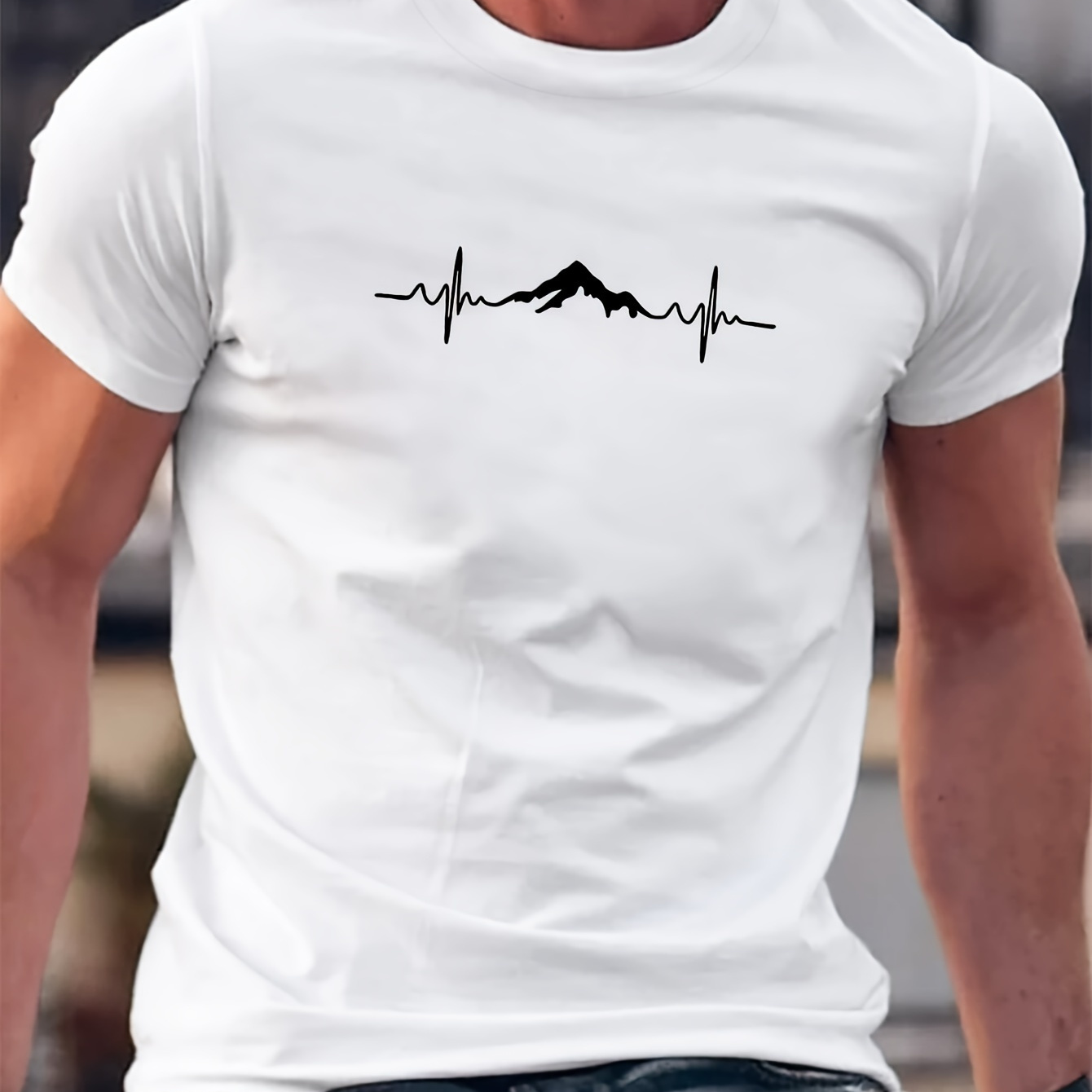 

Mountain Heartbeat Graphic Print Men's Creative Top, Casual Short Sleeve Crew Neck T-shirt, Men's Clothing For Summer Outdoor