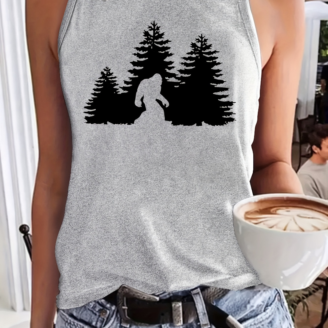 

Sasquatch & Tree Print Tank Top, Casual Crew Neck Sleeveless Top For Summer, Women's Clothing