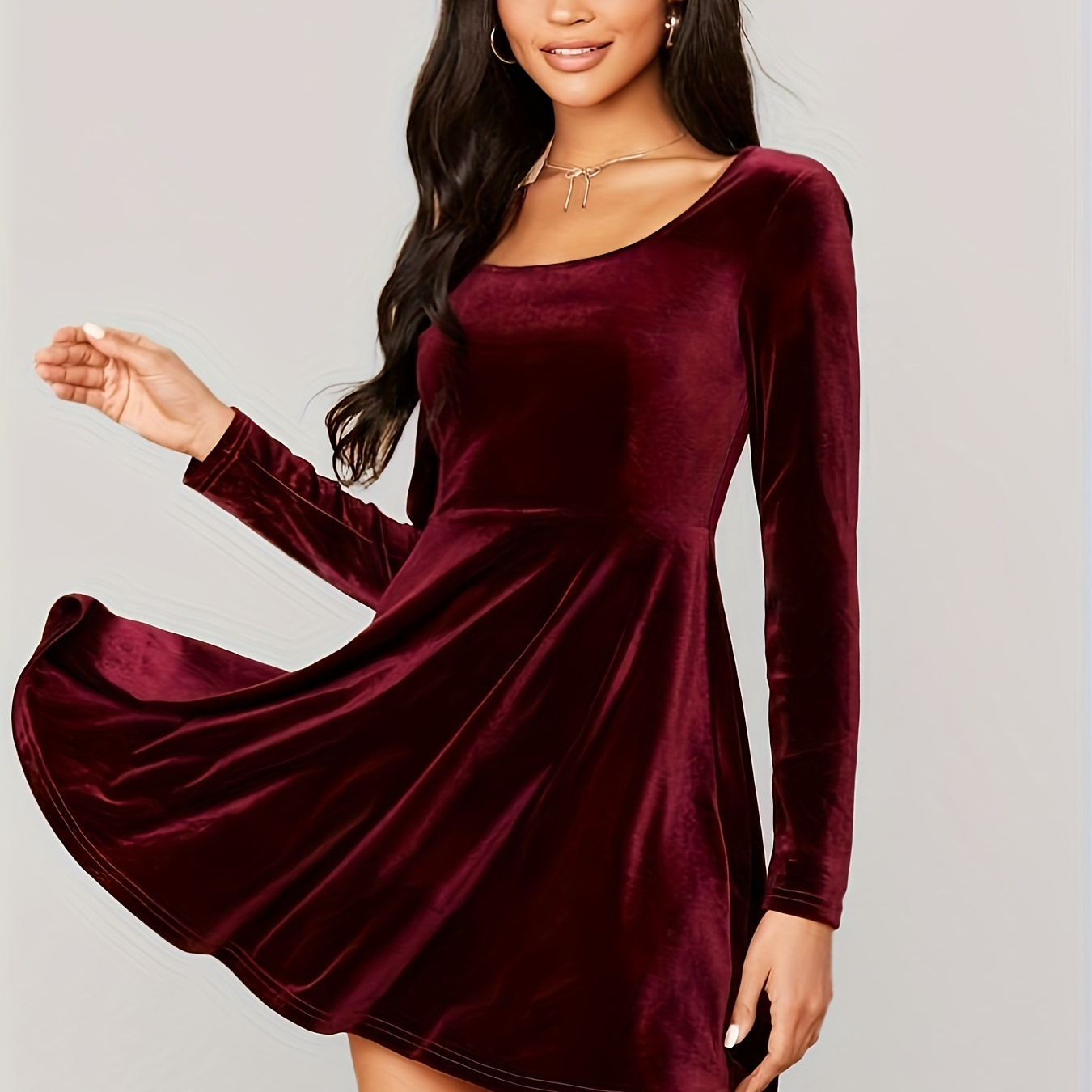 

Women's Velour Dress - Long Sleeve, Round Neck, Mid-length, Flared Fit, Solid Color, Zipper Detail, Knit Fabric, Pad, Umbrella Hem, Comfort - Fashionable Party Dress For Adults