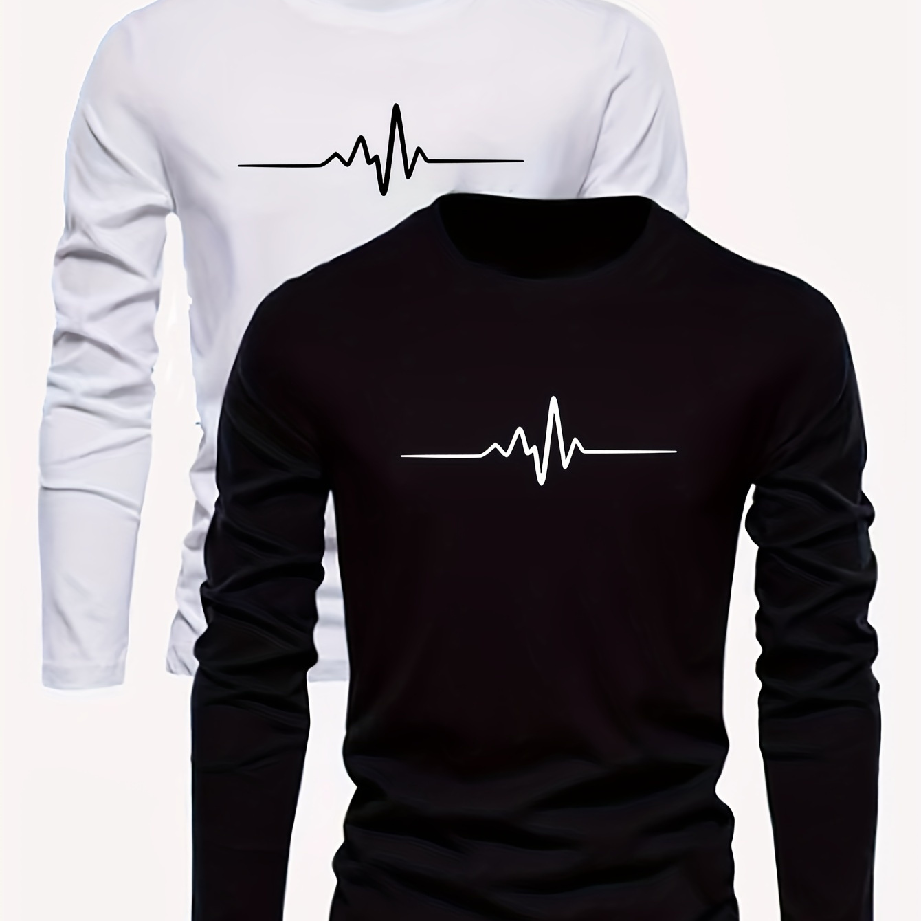 

2-pack Men's Casual Crew Neck Long Sleeve T-shirts With Ecg Print, Polyester 95% Spandex 5% Knit Fabric, Breathable & Warm Pullover Tops For , Regular Fit, Ideal For Outdoor Activities