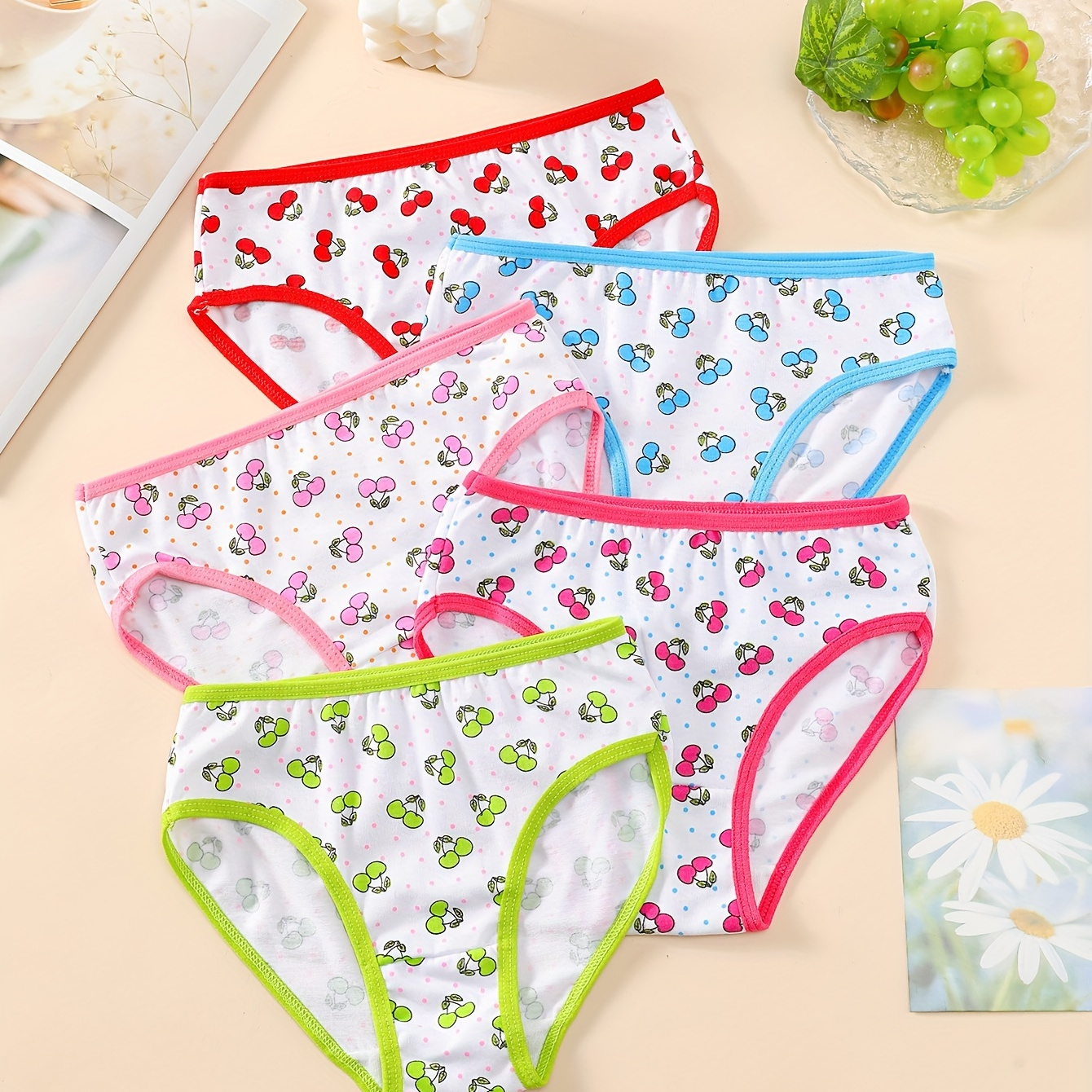 

5 Pcs Girls Underwear Class A Cotton Cute Mixed Color Cherry Pattern Breathable Boxers Soft Comfy Girls Panties