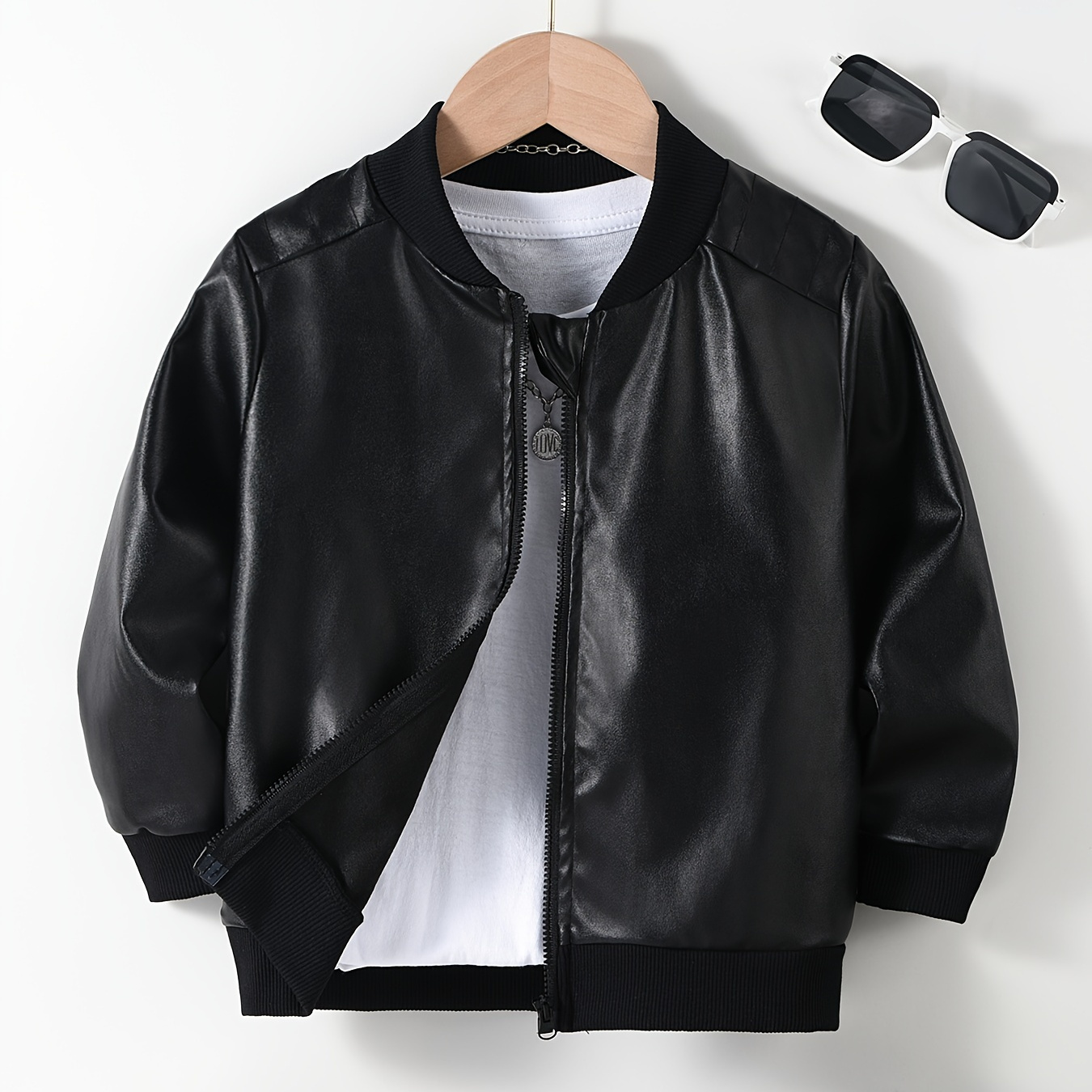 

Boys Trendy Pu Leather Biker Jacket, Zip Up Bomber Jacket, Kids Clothes For Autumn And Winter
