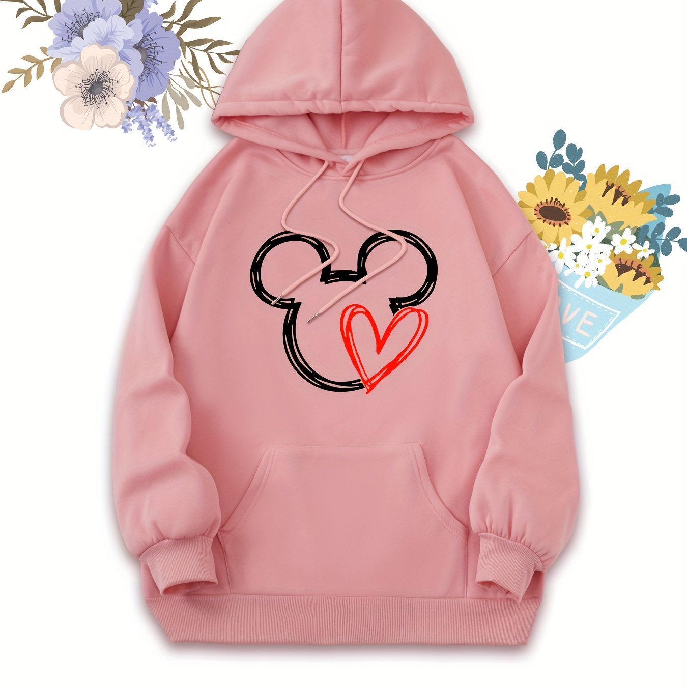 

Heart Print Drawstring Hooded Sweatshirt, Long Sleeves Kangaroo Pocket Casual Hoodie, Women's Activewear