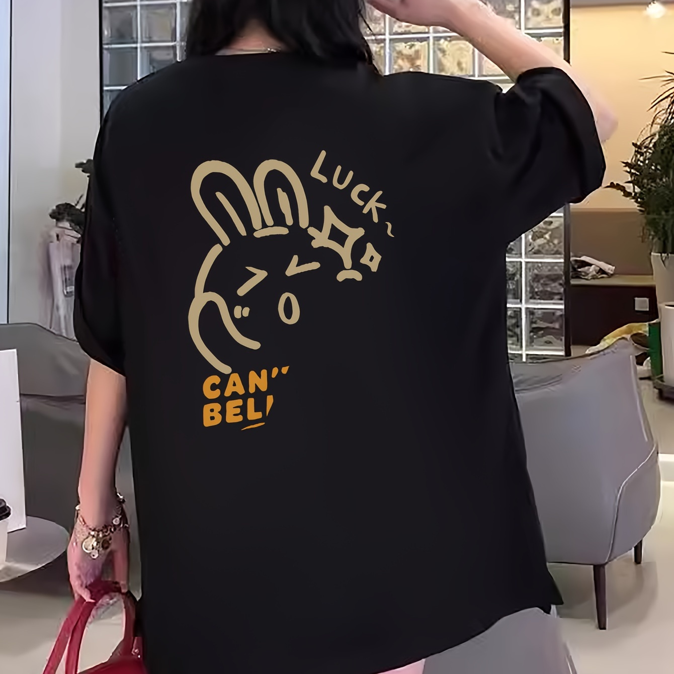 

Rabbit Print Crew Neck T-shirt, Casual Short Sleeve Top For Spring & Summer, Women's Clothing