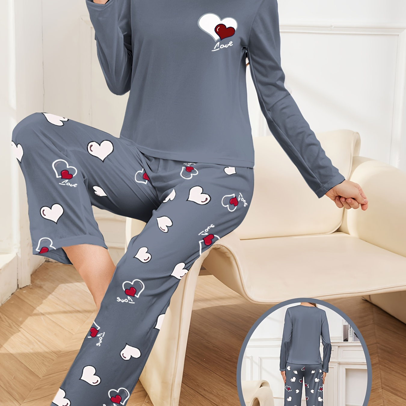 

1 Set Women's Cozy Polyester Pajama Set - Casual Crew Neck Long Sleeve Pjs Pattern, Knit Fabric Sleepwear For Fall/winter