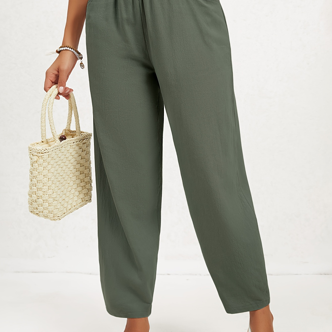 

Plain Color Slant Pockets Straight Leg Pants, Casual & Versatile High Waist Daily Wear Tapered Pants For Spring & Summer, Women's Clothing