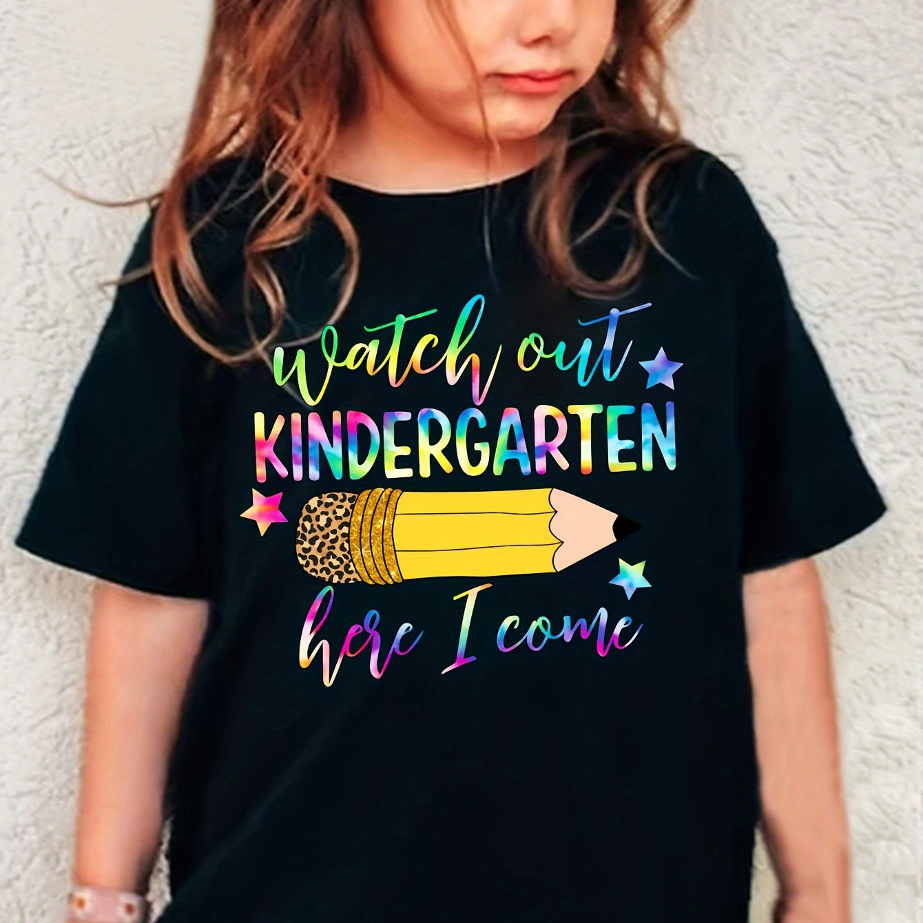 

watch Out Kindergarten, Here I Come" Letter & Leopard Pencil Graphic Print Creative T-shirts, Soft & Elastic Comfy Crew Neck Short Sleeve Tee, Girl's Summer Tops