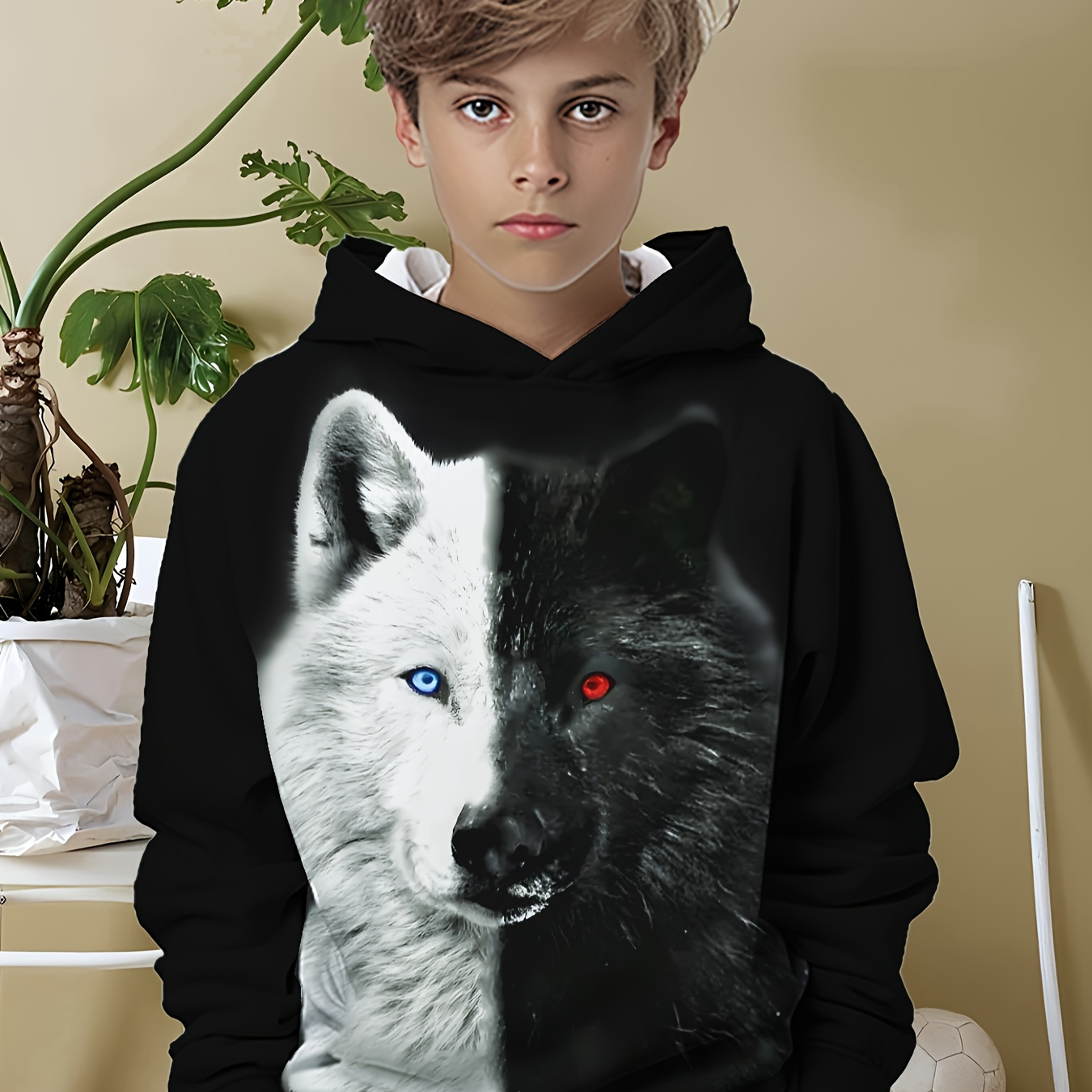 

Boys' Wolf 3d Print - Long Pullover For & Fall, , Washable