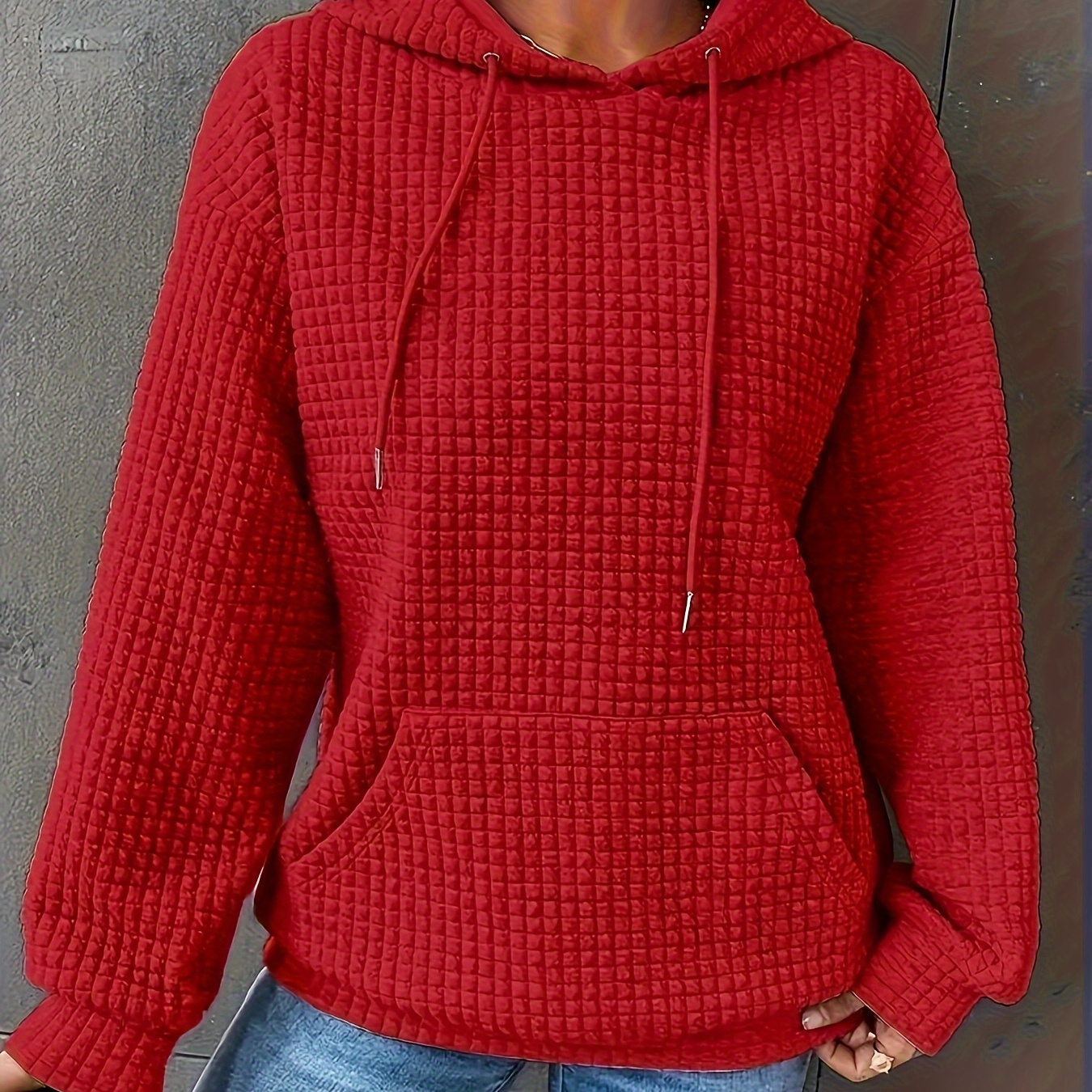 

Plus Size Simple Solid Color Waffle Hoodie, Casual Kangaroo Pocket Drawstring Long Sleeve Hooded Sweatshirt, Women's Plus Size Clothing