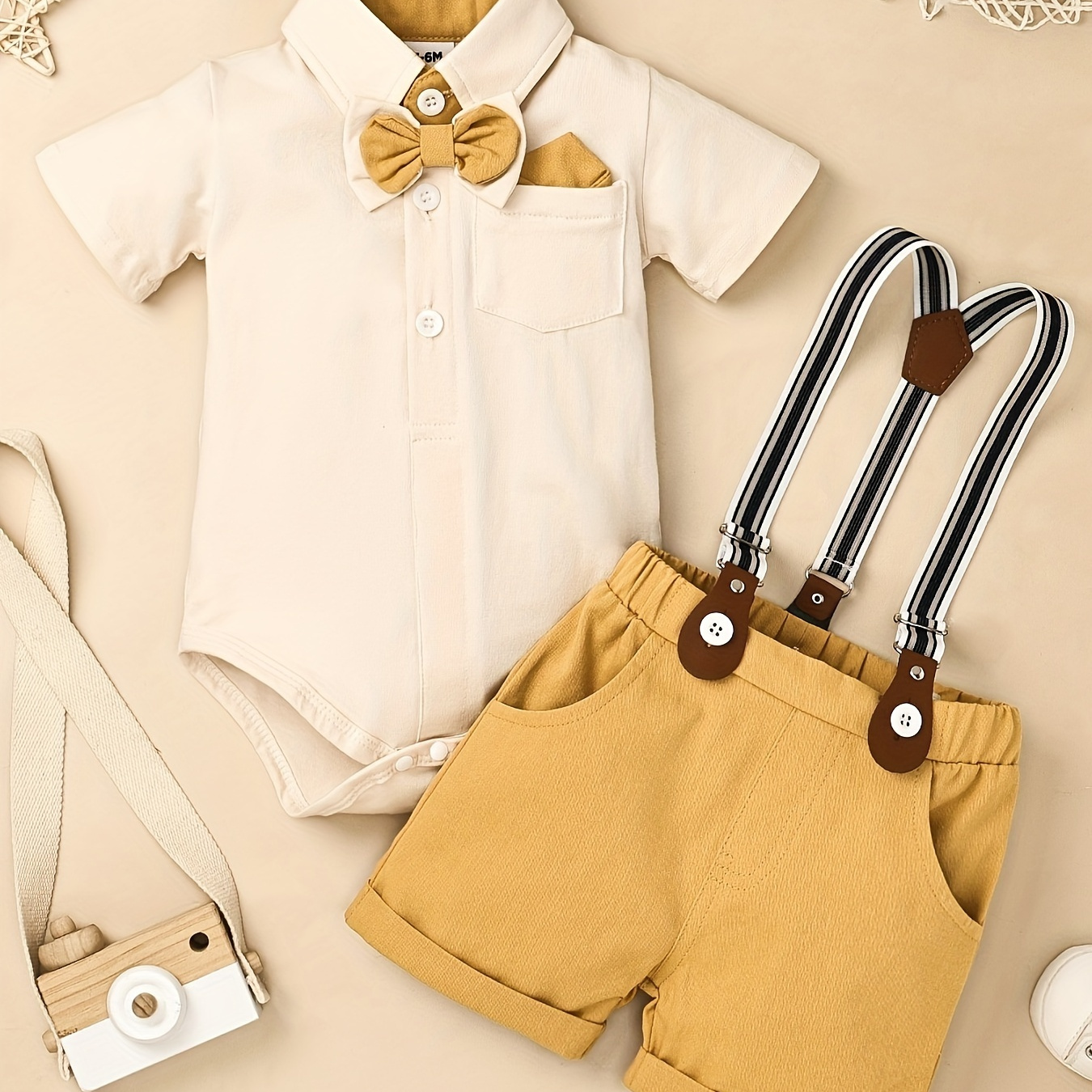 

2pcs Baby Boys Cotton Outfit Set, Little Gentleman Romper With Strap Shorts And Bowtie, Preppy Style, Soft Cotton