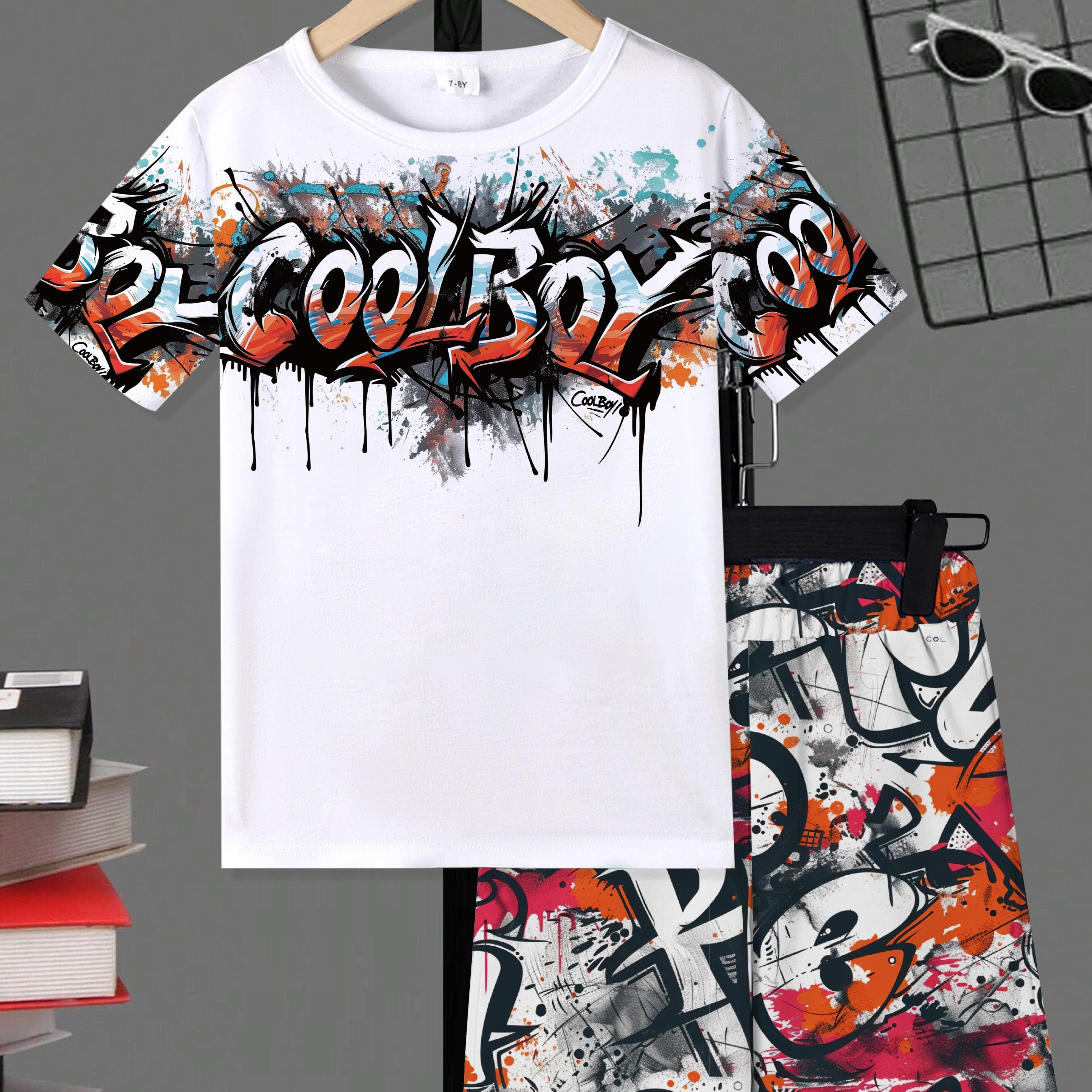 

2pcs Boys Casual Cool Boy Letter Graffiti Print Versatile Short Sleeve T-shirt & Shorts Set, Cool, Lightweight And Comfy Summer Clothes