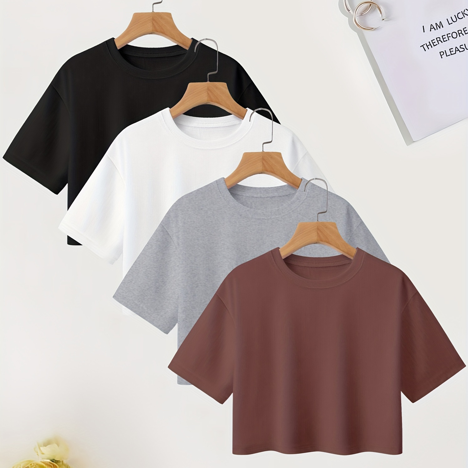 

4pcs Solid Color Crop T-shirt, Short Sleeve Crew Neck Casual Top For Summer & Spring, Women's Clothing