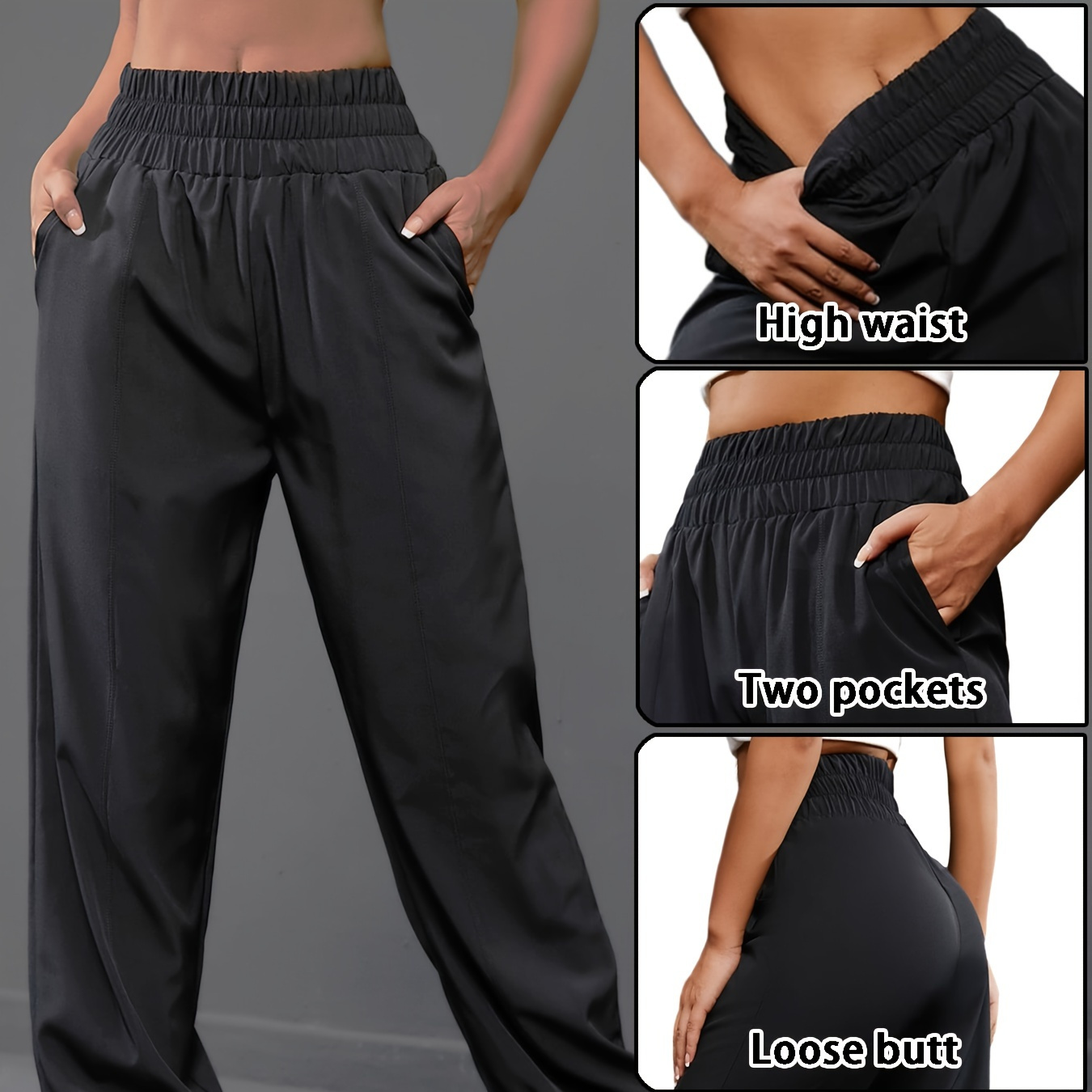 

High Elastic Waist Jogger Pants, Loose Fit Quick Drying Slant Pockets Workout Trouser, Women's Activewear